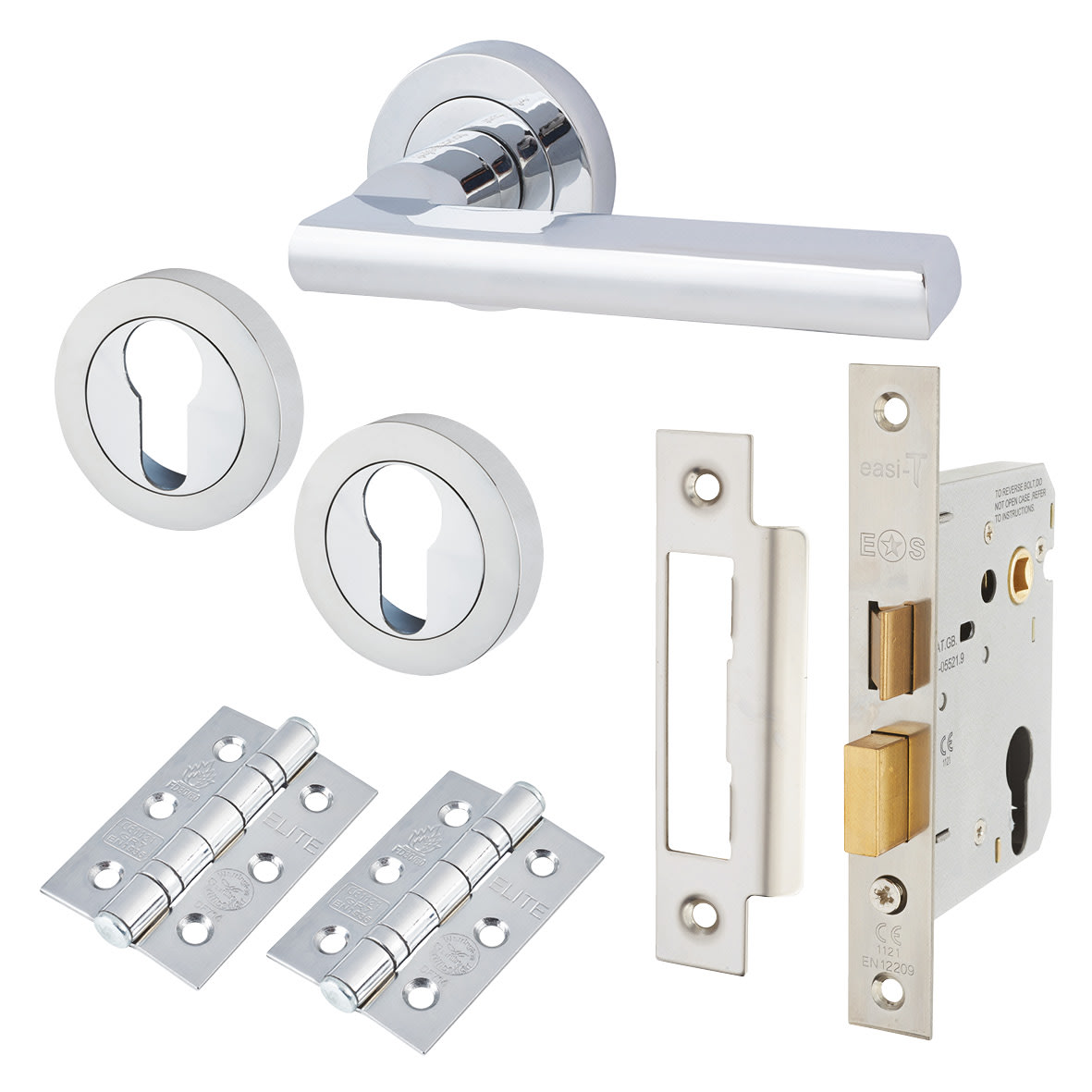 Polished Chrome Euro Lock Door Handles on Rose Pack - Sophia Range