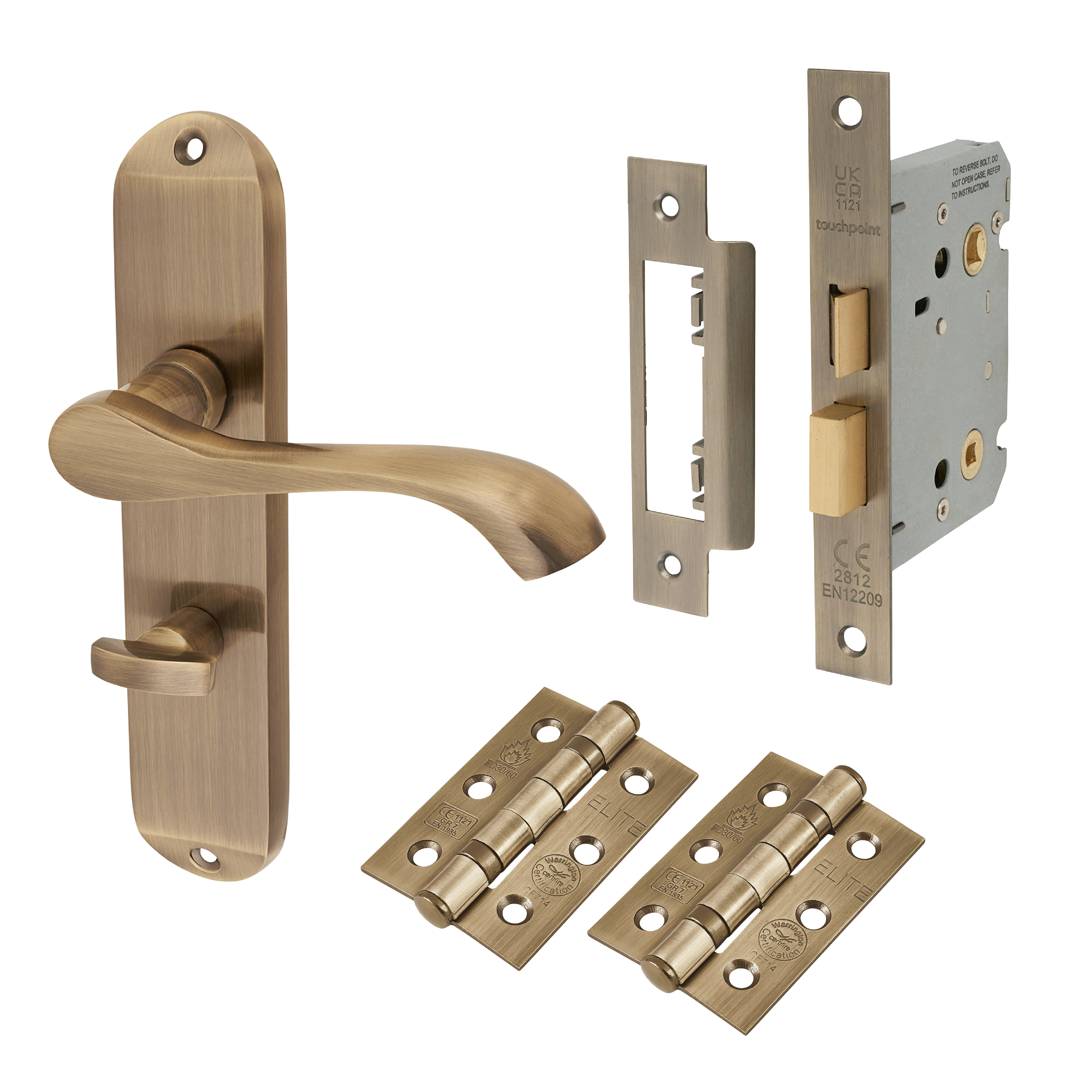 Antique Brass Scroll Bathroom Lock Door Handles Pack - Ancona Range
