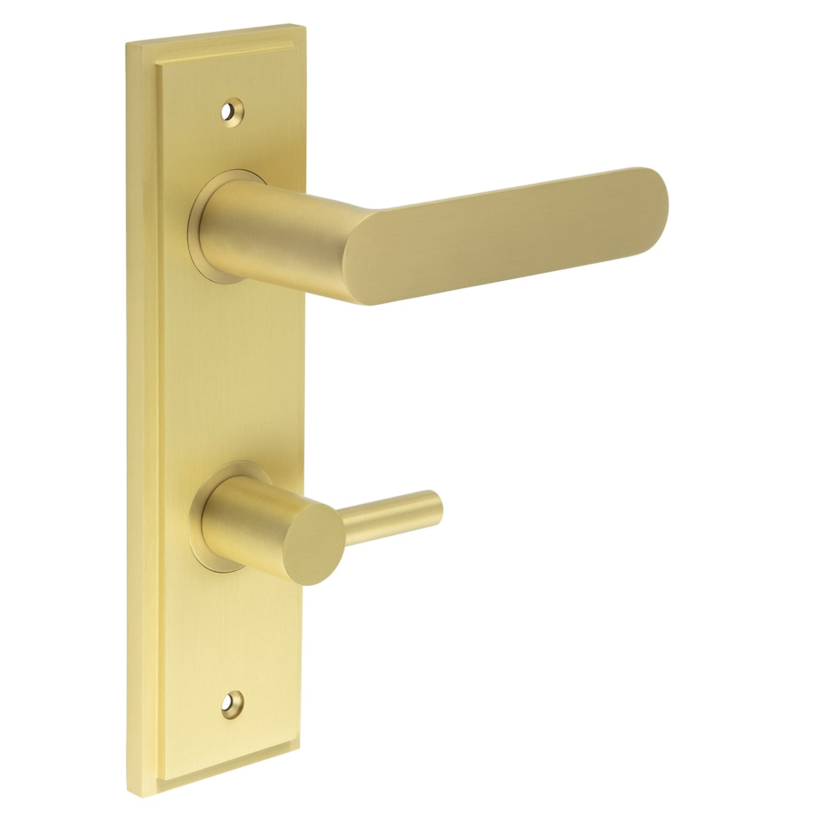 Satin Brass Fire Rated DIN Bathroom Door Handles - Kensington - Inner 3 - 200 x 55mm