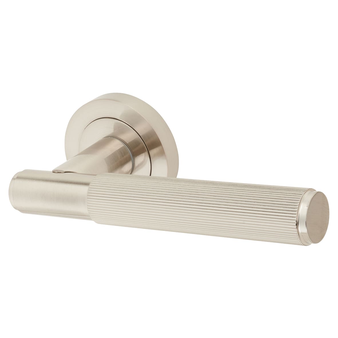 Satin Nickel Lines Door Handles on Round Rose - Nova Range