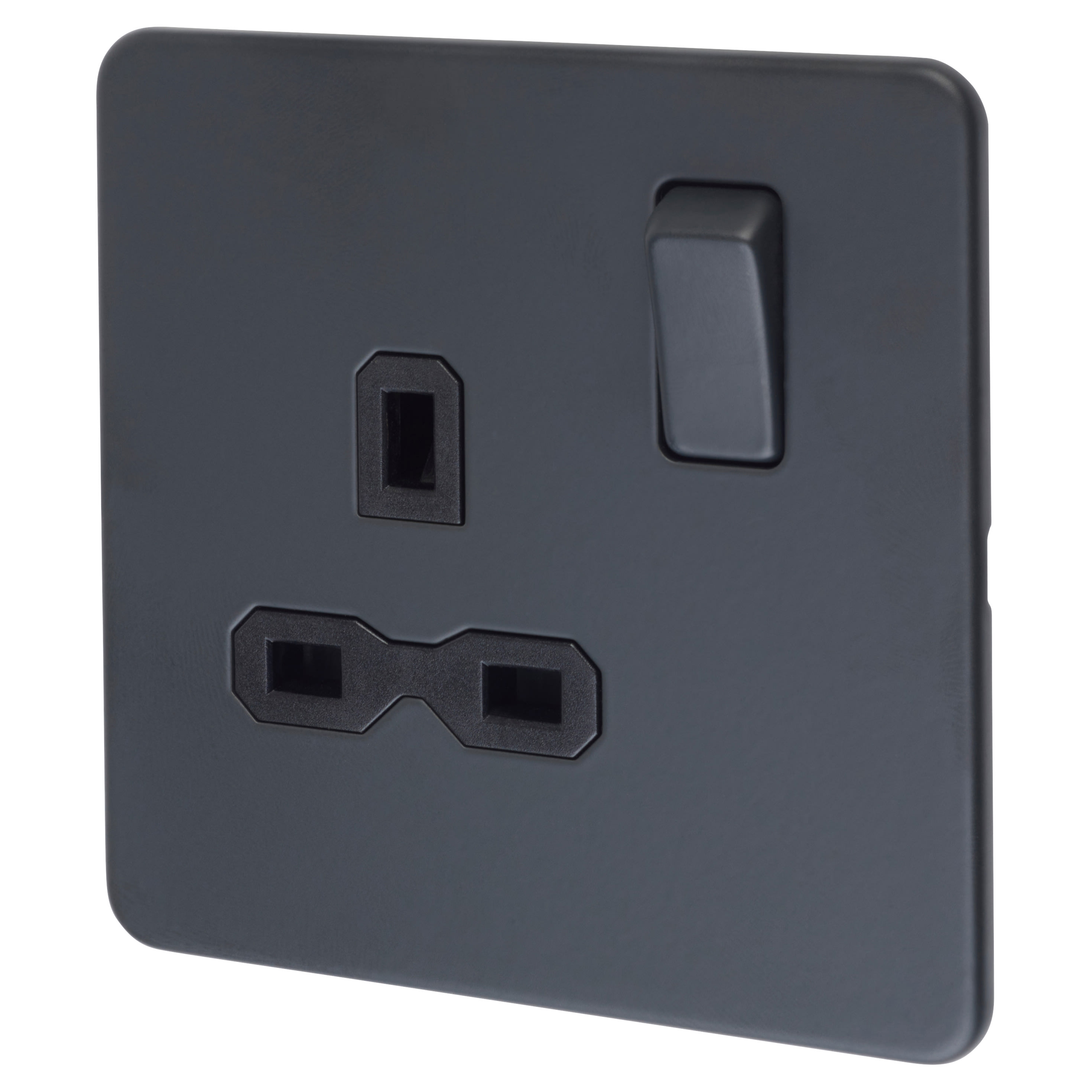 13A 1 Gang Screwless Flat Plate Switched DP Socket - Anthracite Grey/Black Inserts