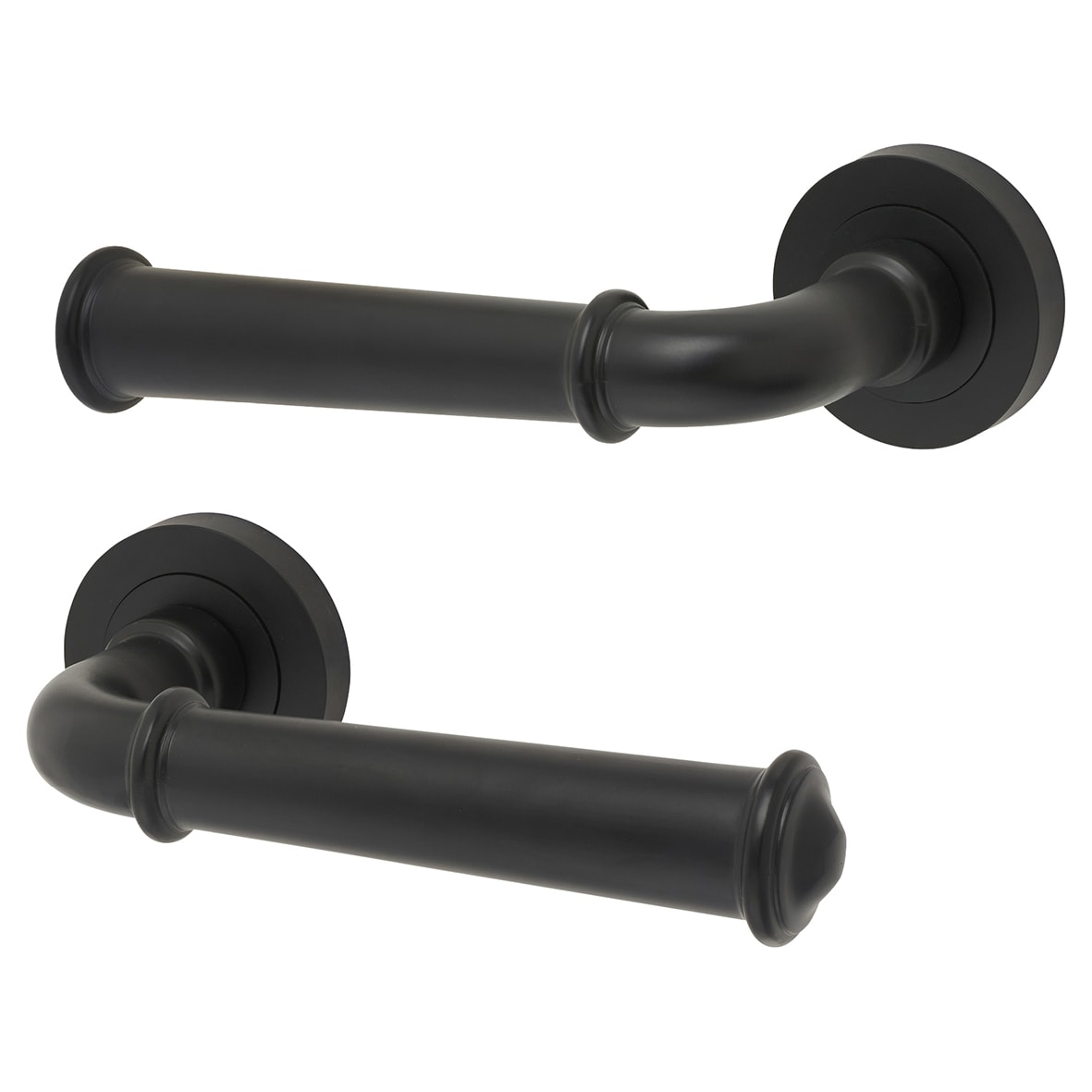 Matt Black Fire Rated Door Handles on Round Rose - Classic Range