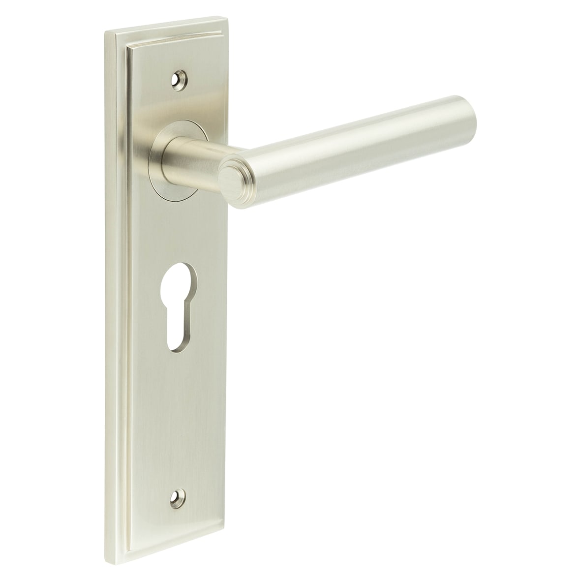 Satin Nickel Fire Rated Euro Lock Door Handles - Richmond - 200 x 55mm