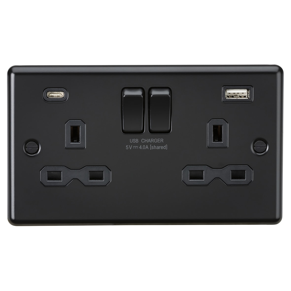 13A 2 Gang Round Edge Type A/C USB Socket with 2 x USB - 4A - Matt Black/Black