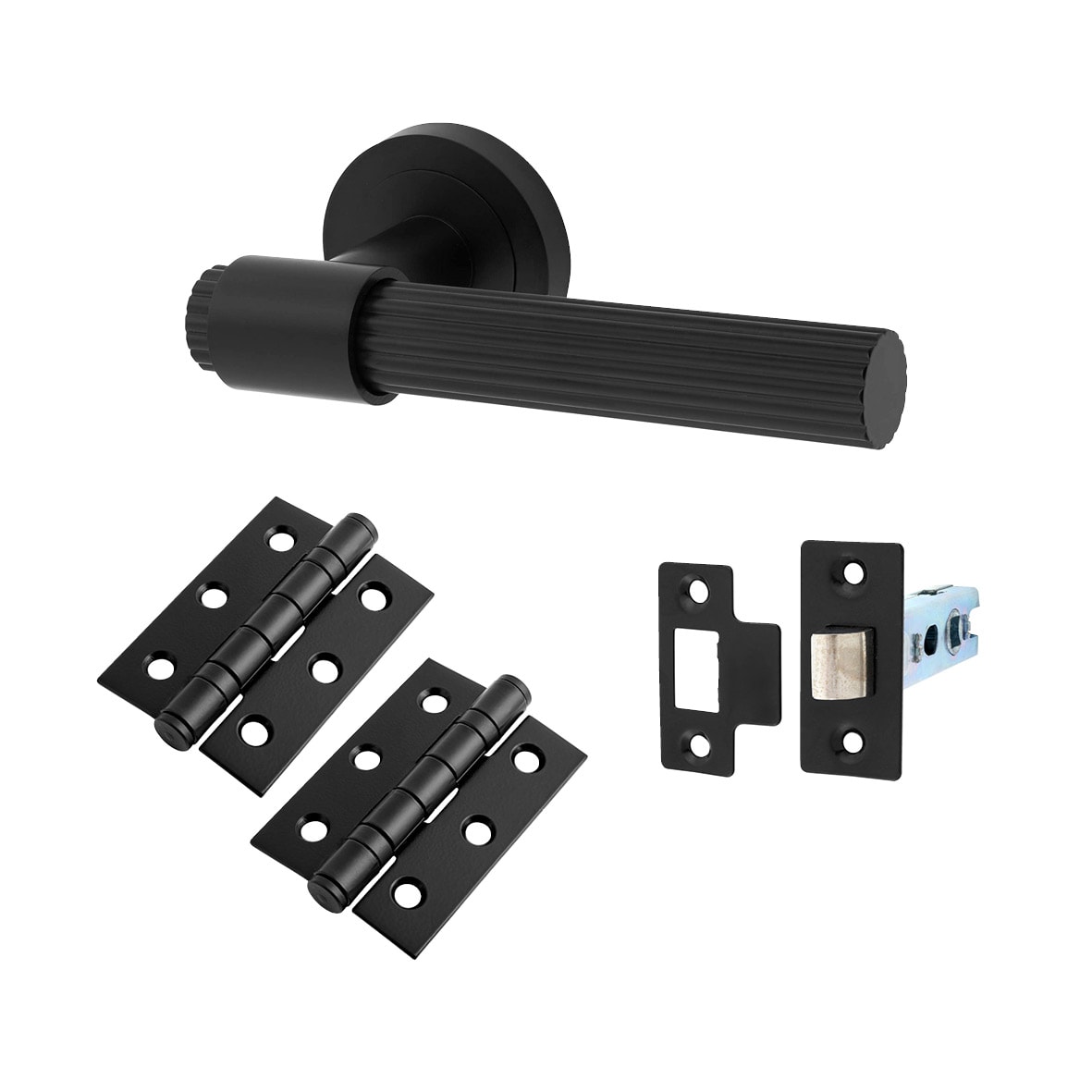 Matt Black Lines Latch Door Handles on Rose Pack - Eva Range