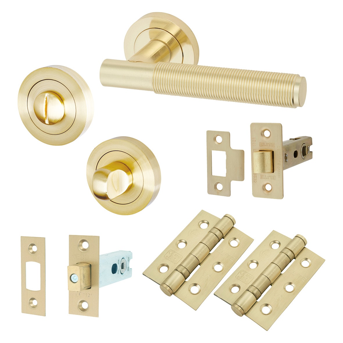 Satin Brass Reeded Bathroom Deadbolt Lock Door Handles on Rose Pack - Lily Range