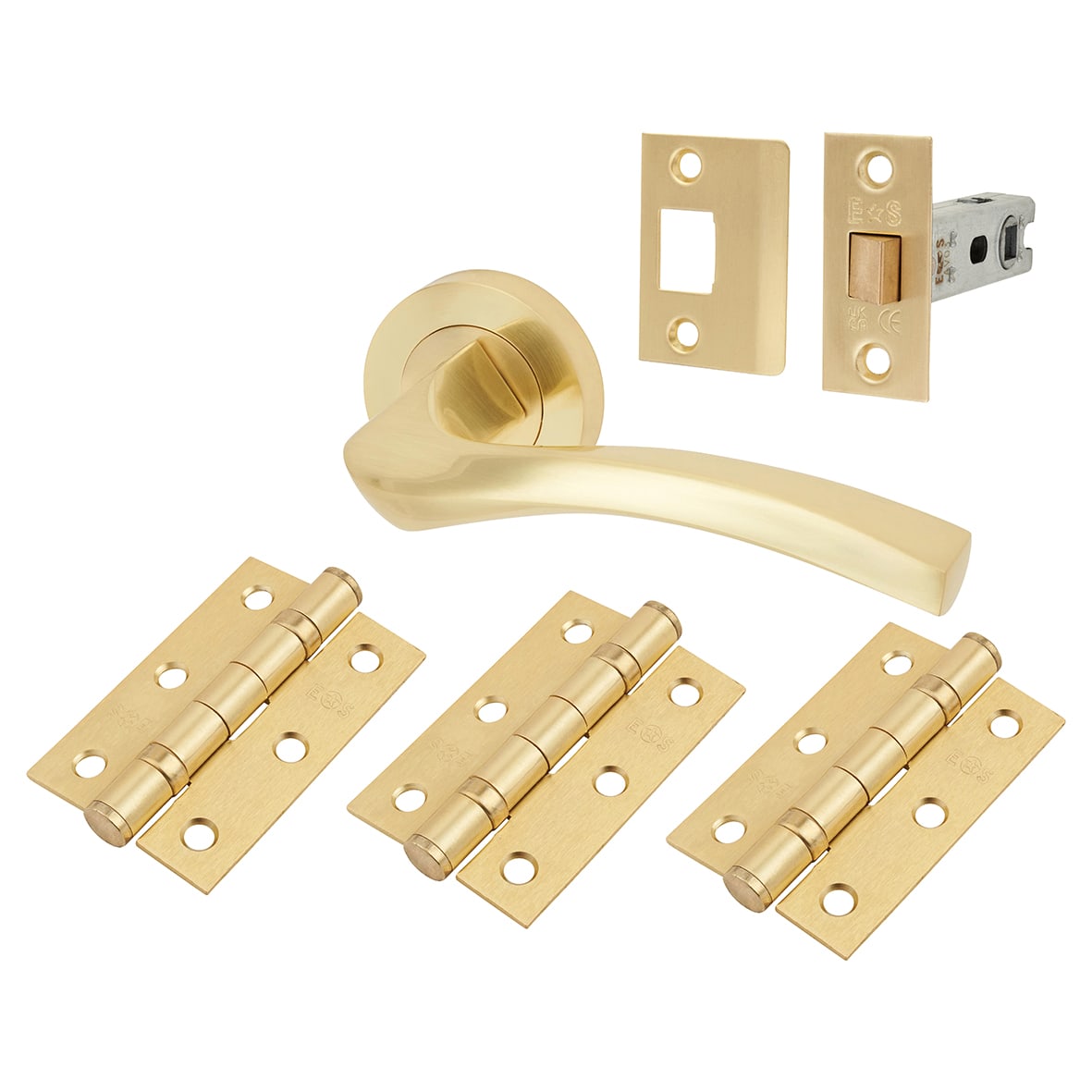Brass Satin Brass Latch Door Handles on Rose Ultimate Door Pack - Sines Range