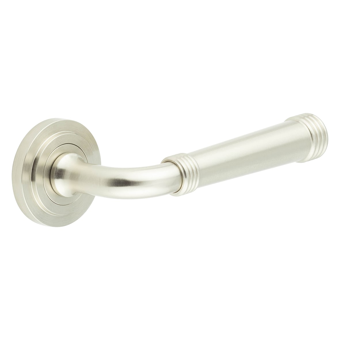 Satin Nickel Fire Rated Door Handles on Round Stepped Rose - Highgate Range