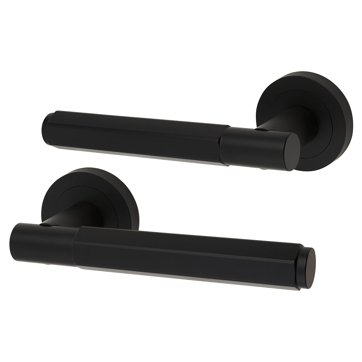 Matt Black Hexagonal Door Handles on Round Rose - Juno Range