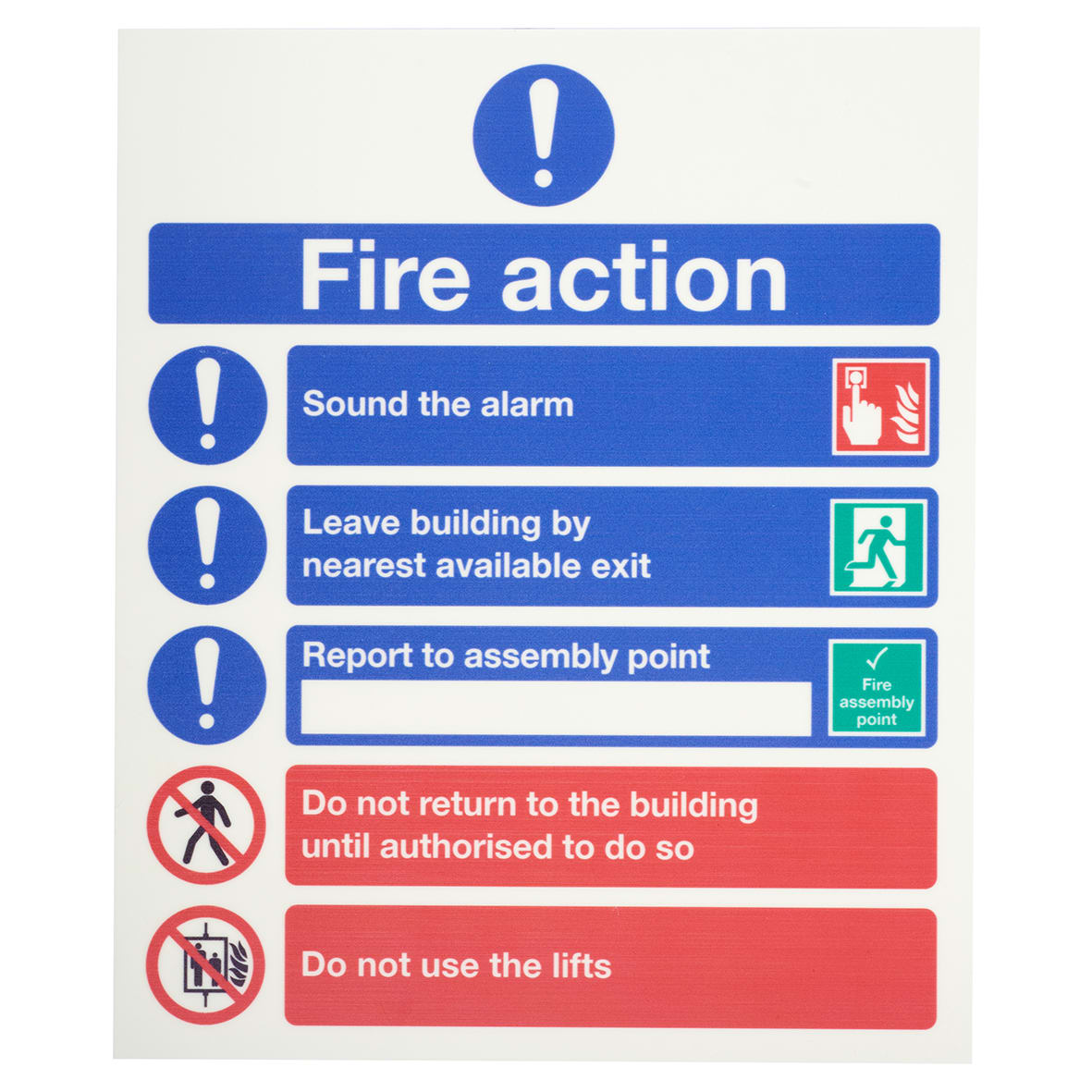 Photoluminescent Symbolised Fire Action Notice Sign - 250 x 300mm - Rigid Plastic