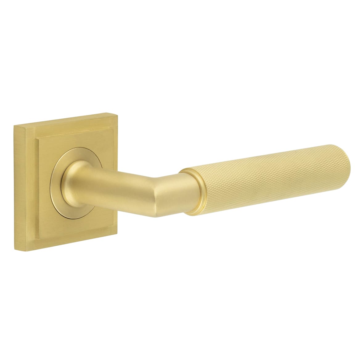 Satin Brass Knurled Fire Rated Door Handles on Square Stepped Rose - Piccadilly Range