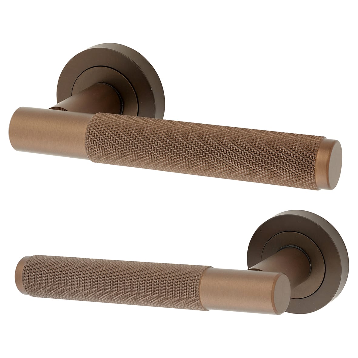 Dark Bronze Fire Rated Knurled Door Handles on Round Rose - Bari Range
