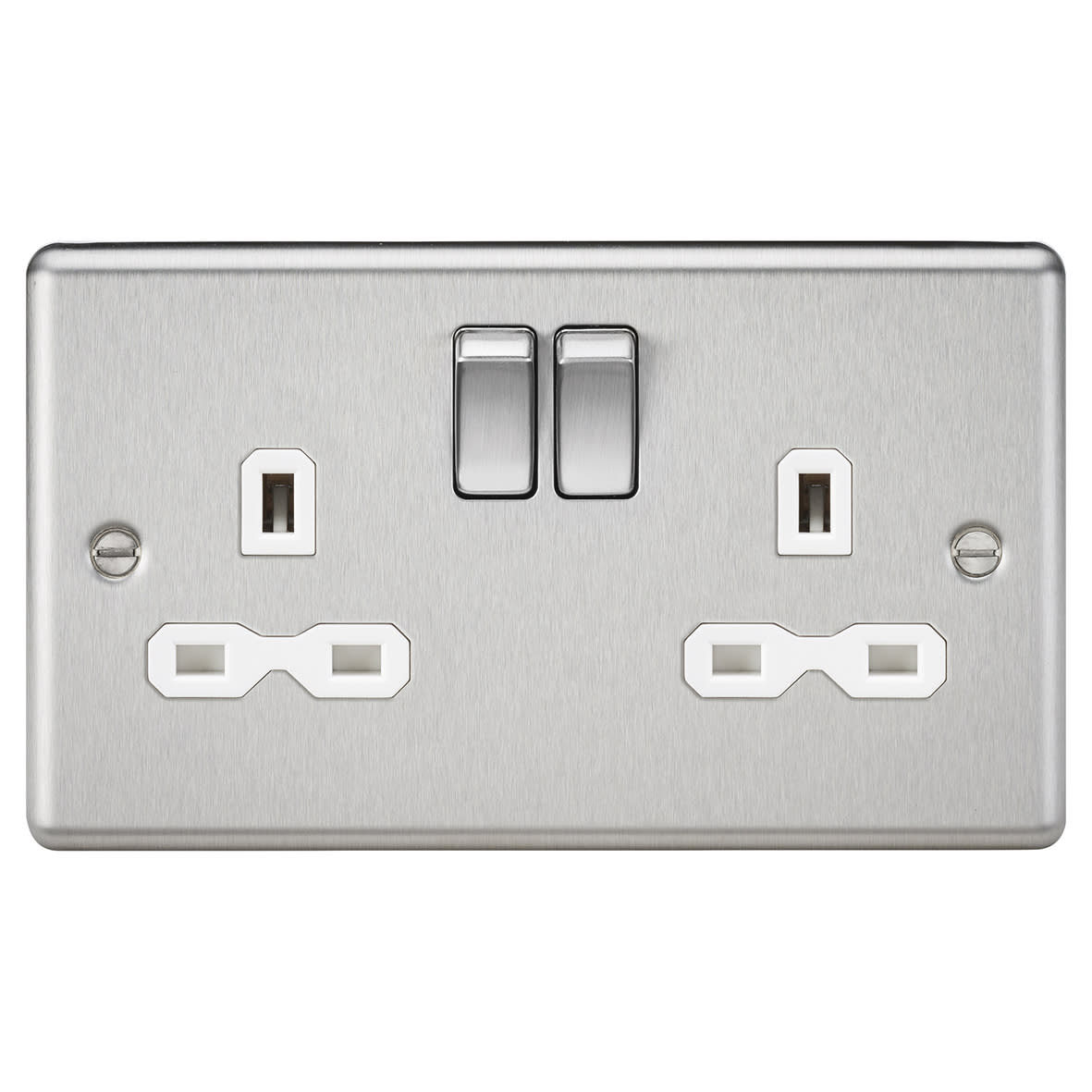 13A 2 Gang DP Switched Socket with Twin Earths - Brushed Chrome with White Insert
