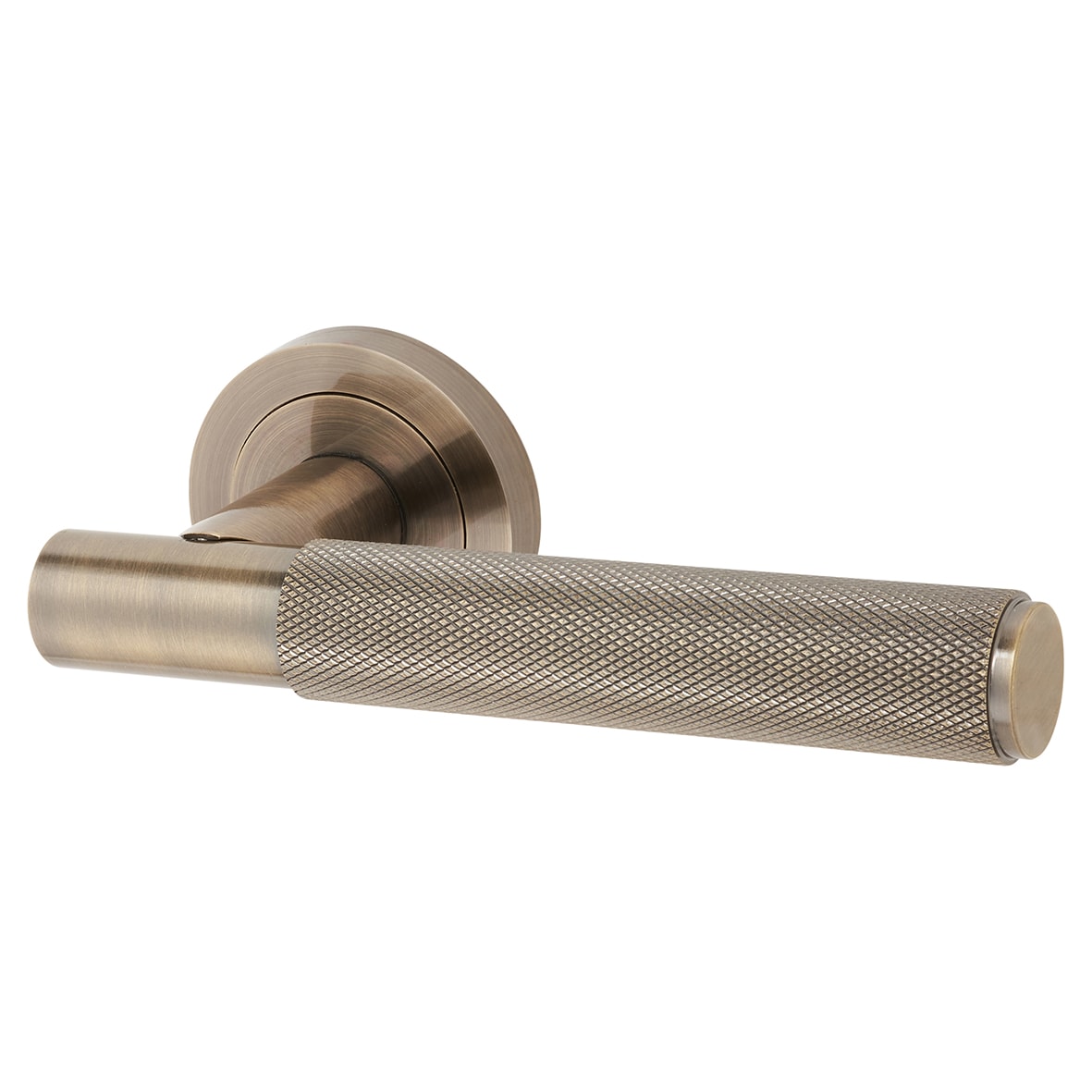 Antique Brass Knurled Door Handles on Round Rose - Remi Range