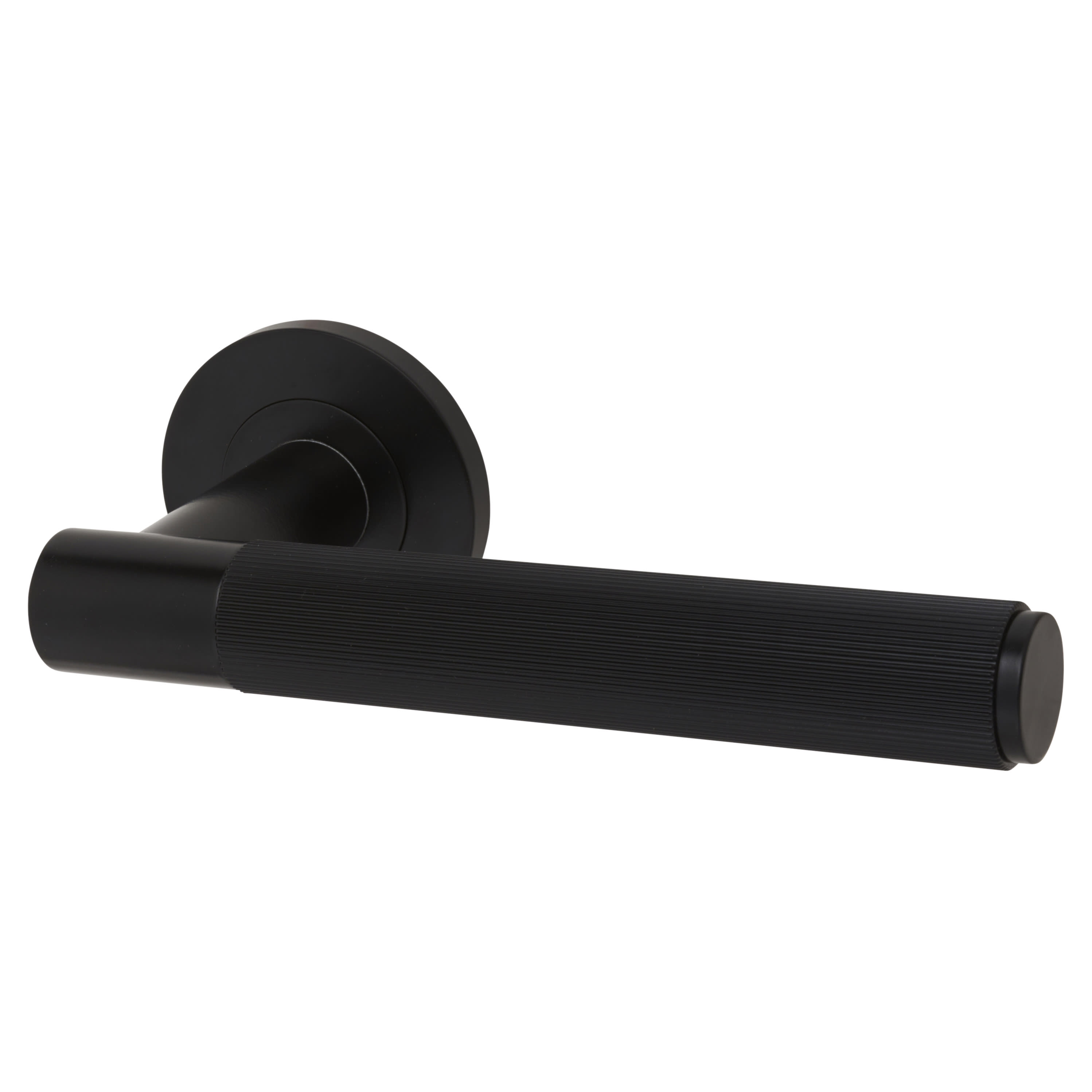 Matt Black Reeded Door Handles on Round Rose - Spitfire Range