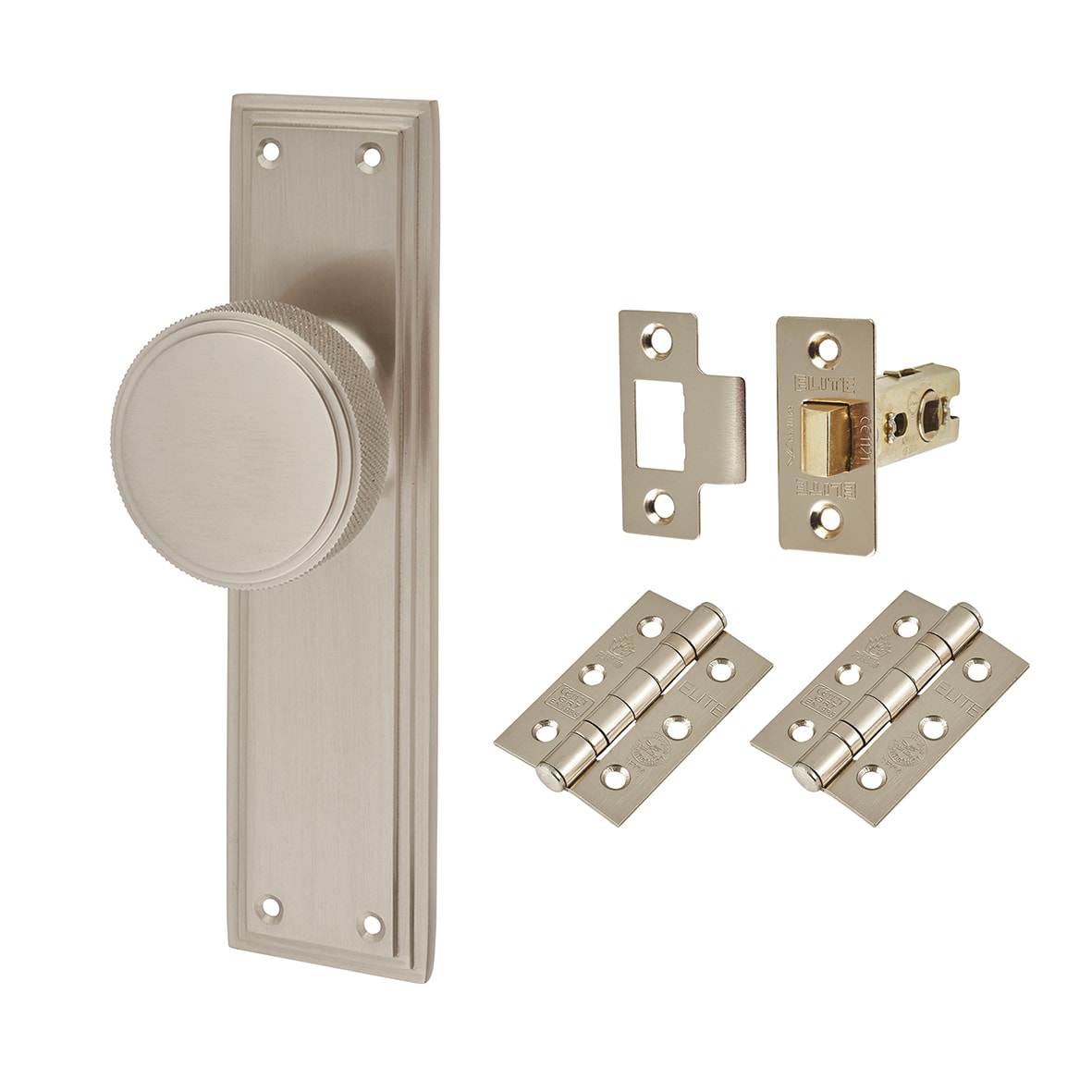 Satin Nickel Knurled Mortice Door Knobs on Backplate Pack - Miller Range - 205 x 52mm
