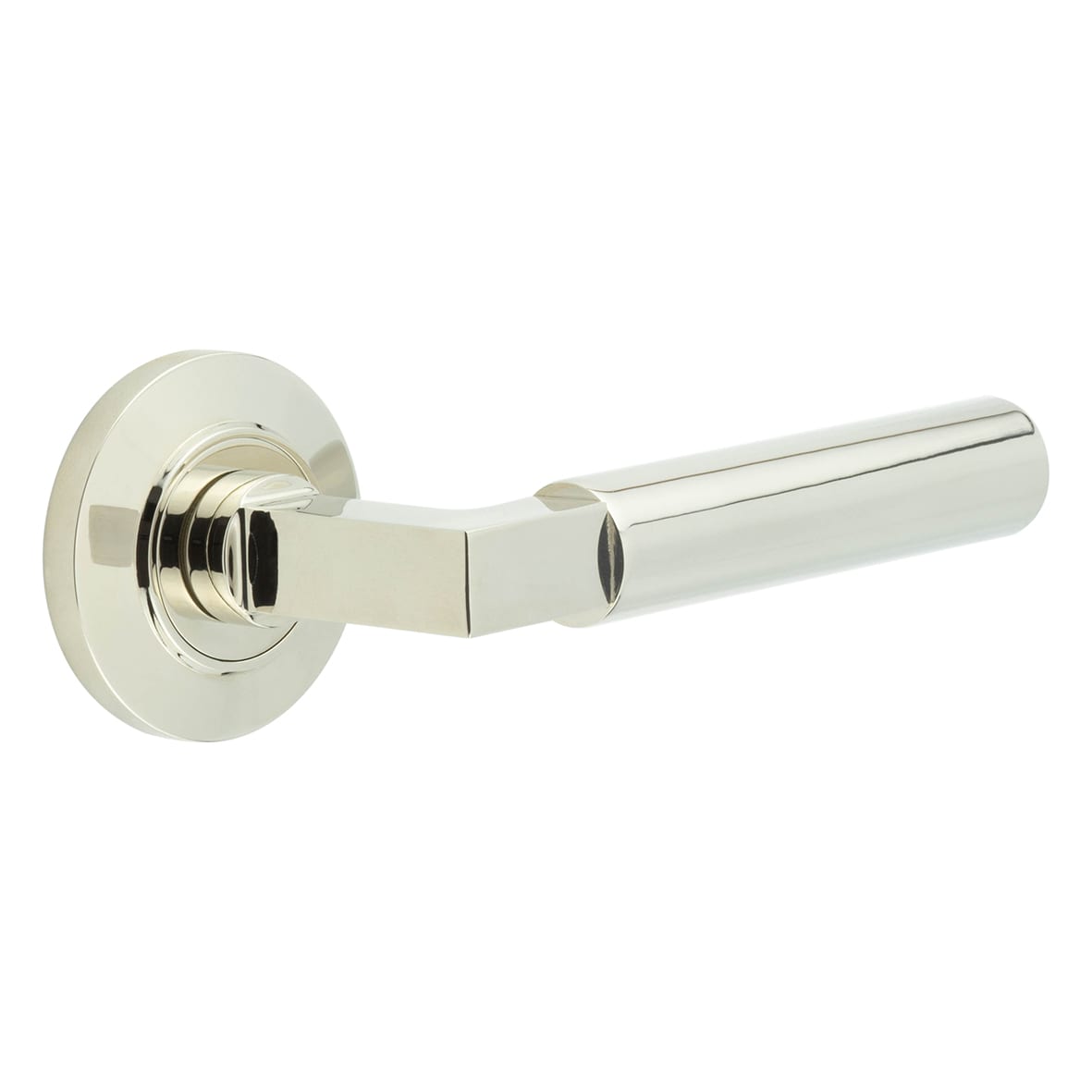 Polished Nickel Fire Rated Door Handles on Round Chamfered Rose - Westminster Range