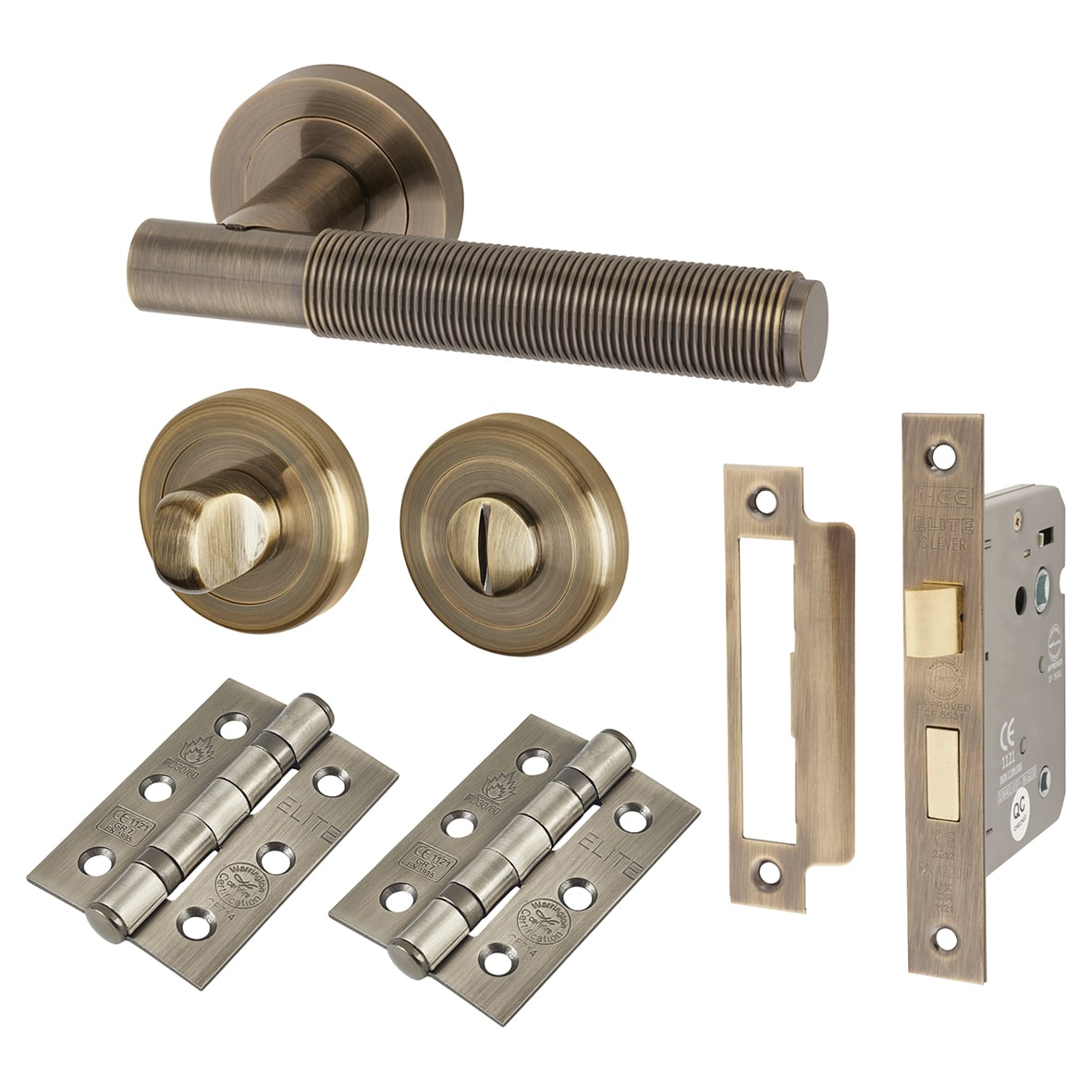 Antique Brass Reeded Bathroom Lock Door Handles Pack - Lily Range