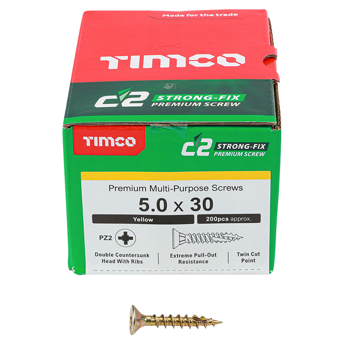 C2 Strong-Fix Pozi Double Countersunk Wood Screws - 5.0 x 30mm - Yellow Zinc - Pack of 200