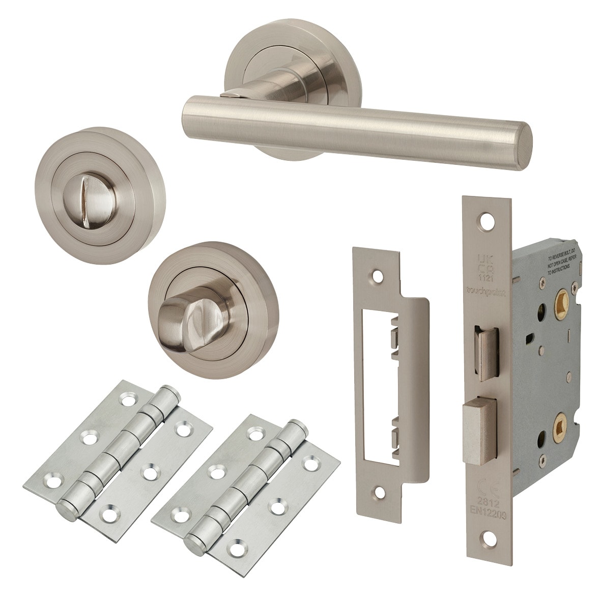 Satin Nickel Bathroom Lock Door Handles on Rose Pack - Ella Range