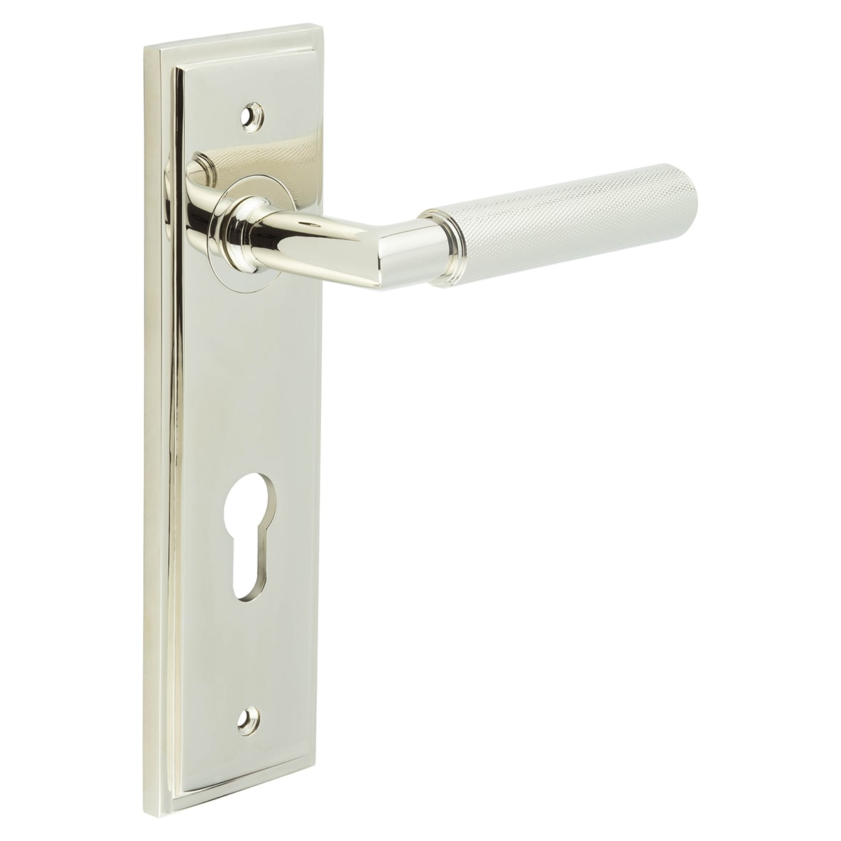 Polished Nickel Fire Rated DIN Euro Lock Door Handles - Piccadilly - 200 x 55mm