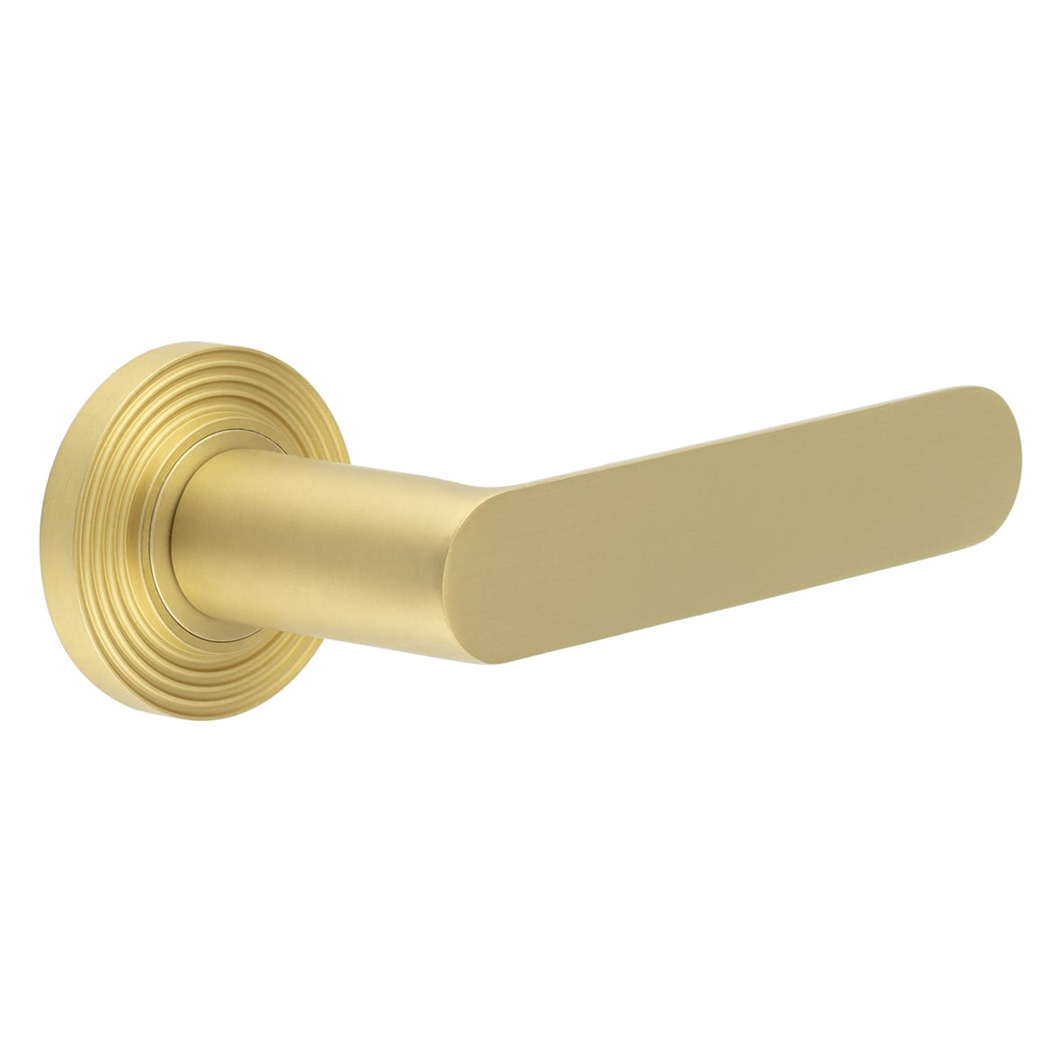 Satin Brass Fire Rated Door Handles on Round Reeded Rose - Kensington Range