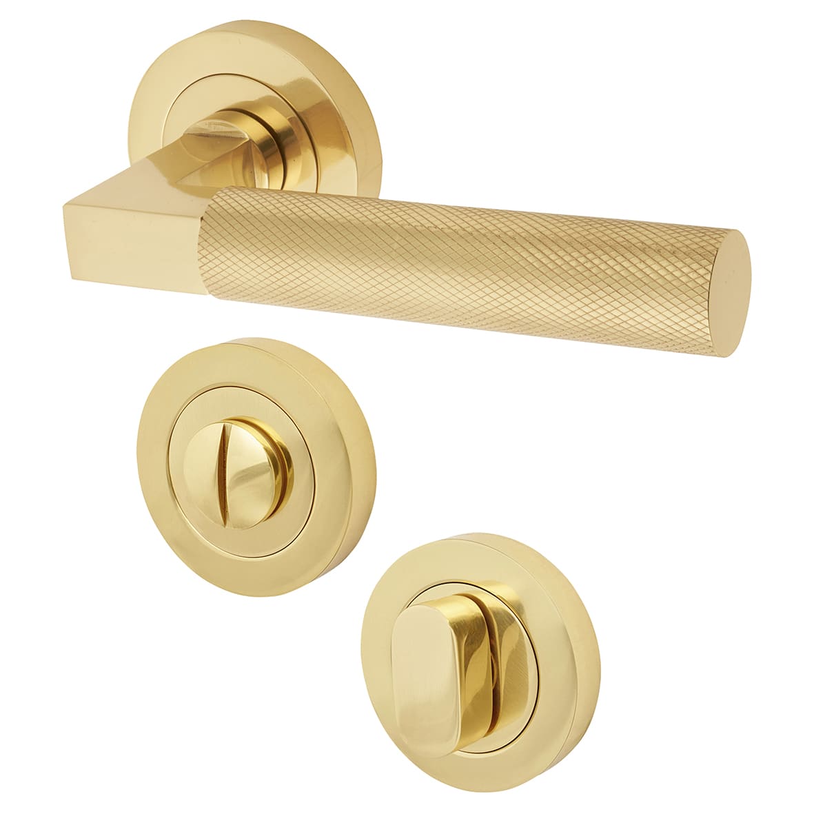 Polished Solid Brass Knurled Door Handles on Rose with Turn & Release