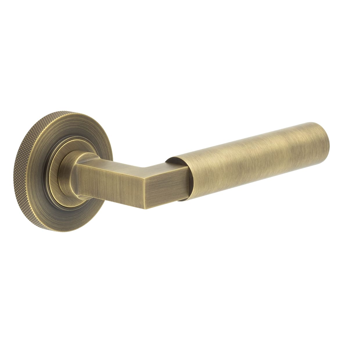 Antique Brass Fire Rated Door Handles on Round Knurled Rose - Westminster Range