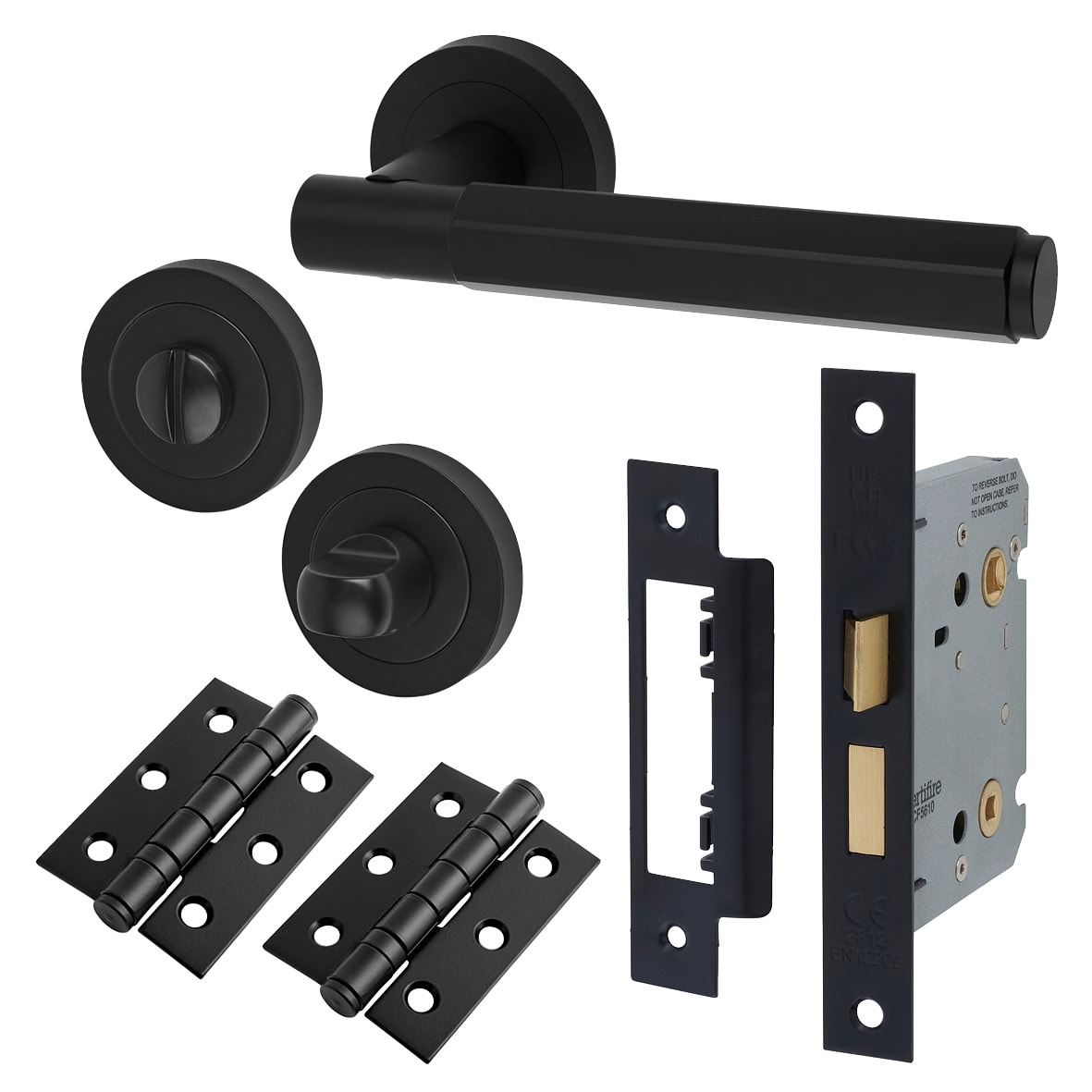 Matt Black Hexagonal Bathroom Lock Door Handles on Rose Pack - Juno Range