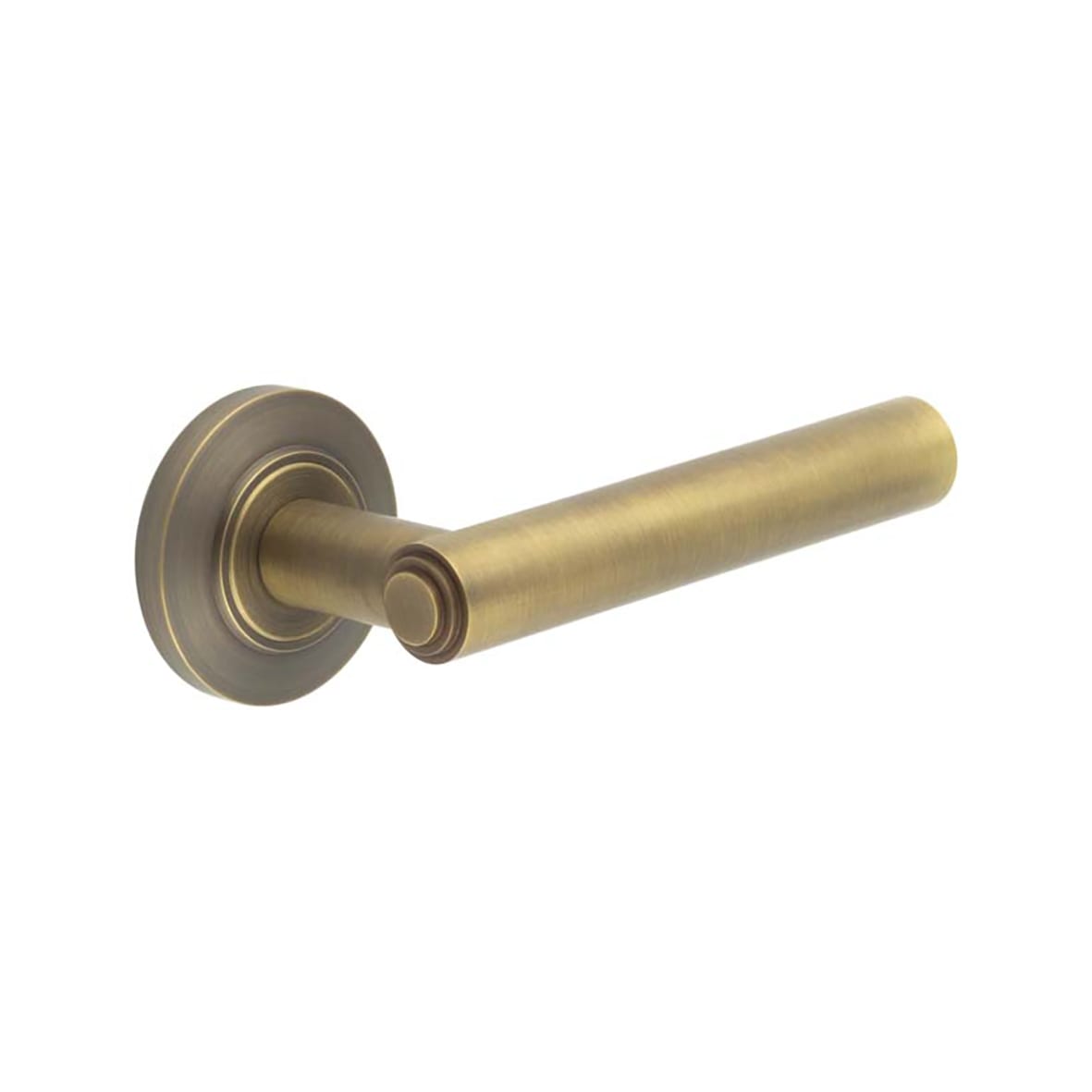 Antique Brass Fire Rated Door Handles on Round Chamfered Rose - Richmond Range