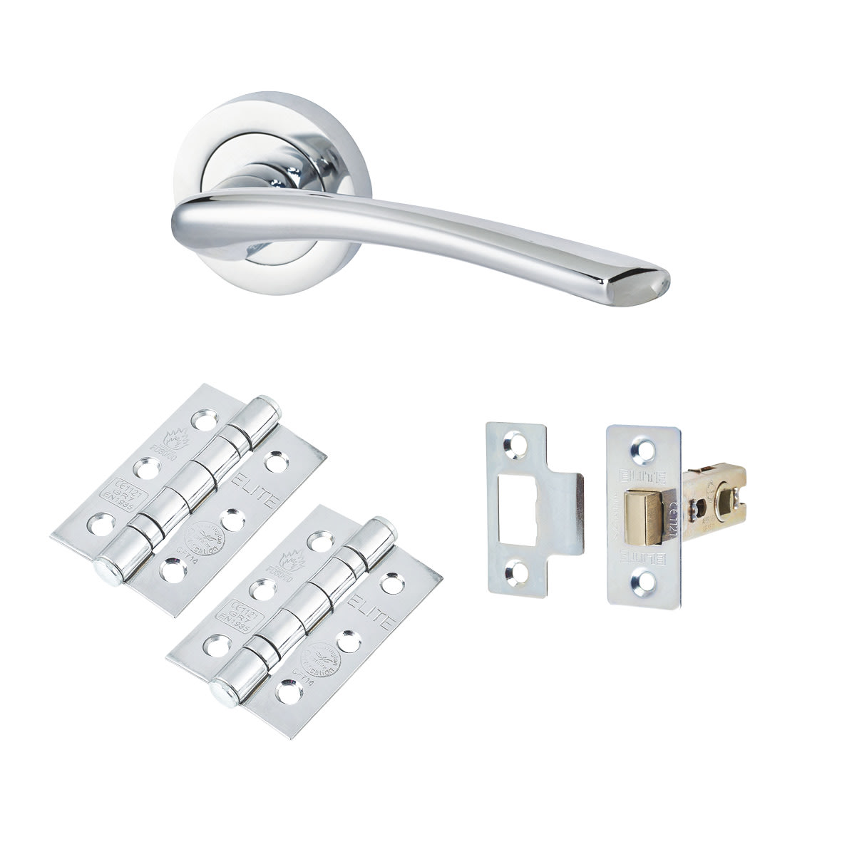 Polished Chrome Latch Door Handles on Rose Pack - Rimini Range