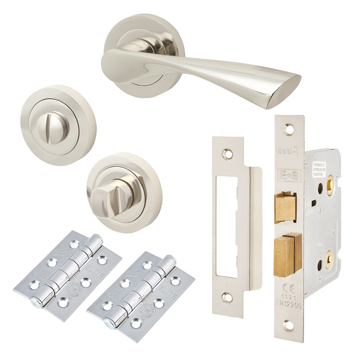 Polished Nickel Bathroom Lock Door Handles on Rose Pack - Ariel Range