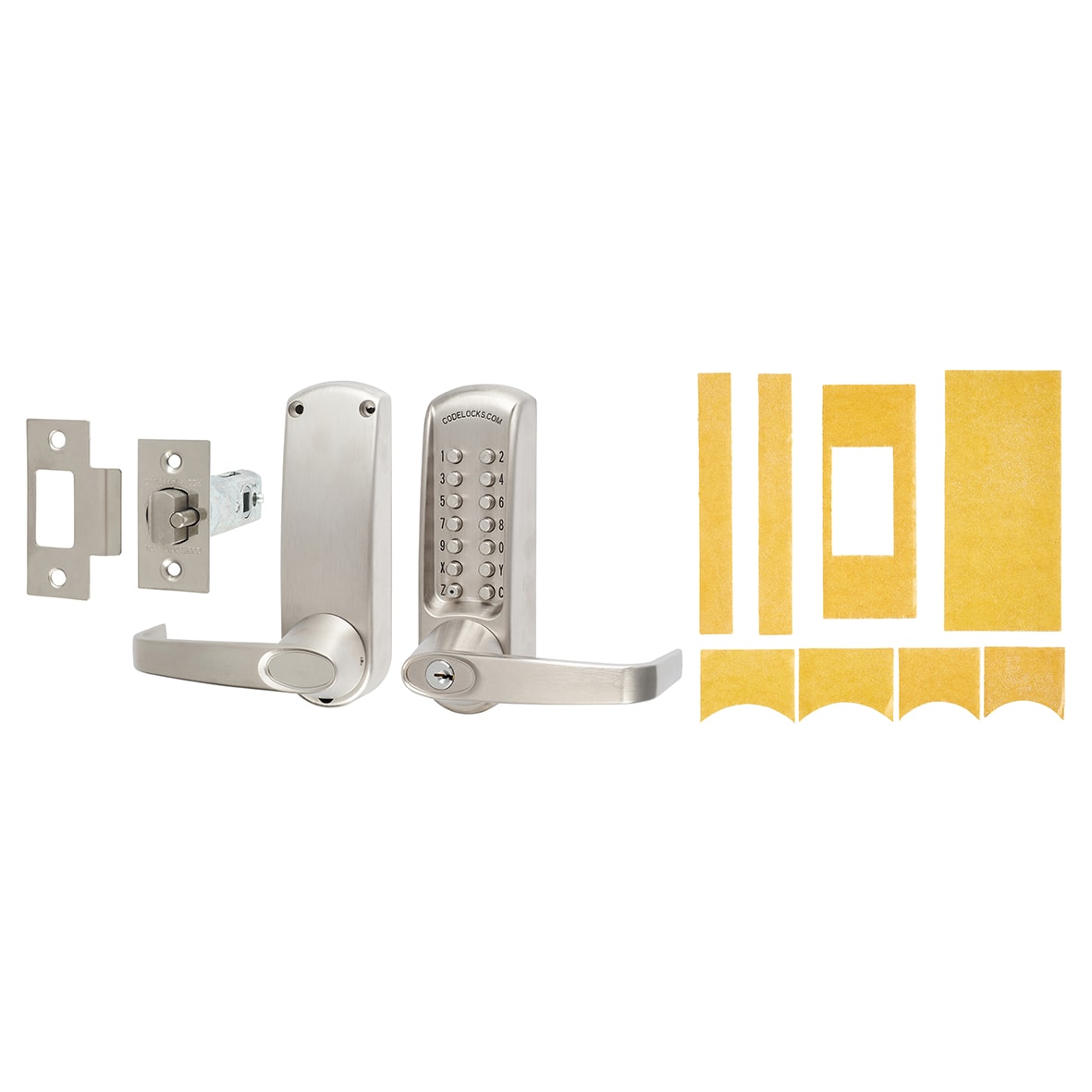 Push Button Code Lock and Latch with Intumescent - Key Override - Brushed Steel