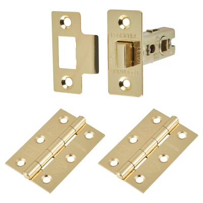 Tubular Latch Pack - 76mm Case - 57mm Backset - 2 x Plain Steel Hinges - Polished Brass