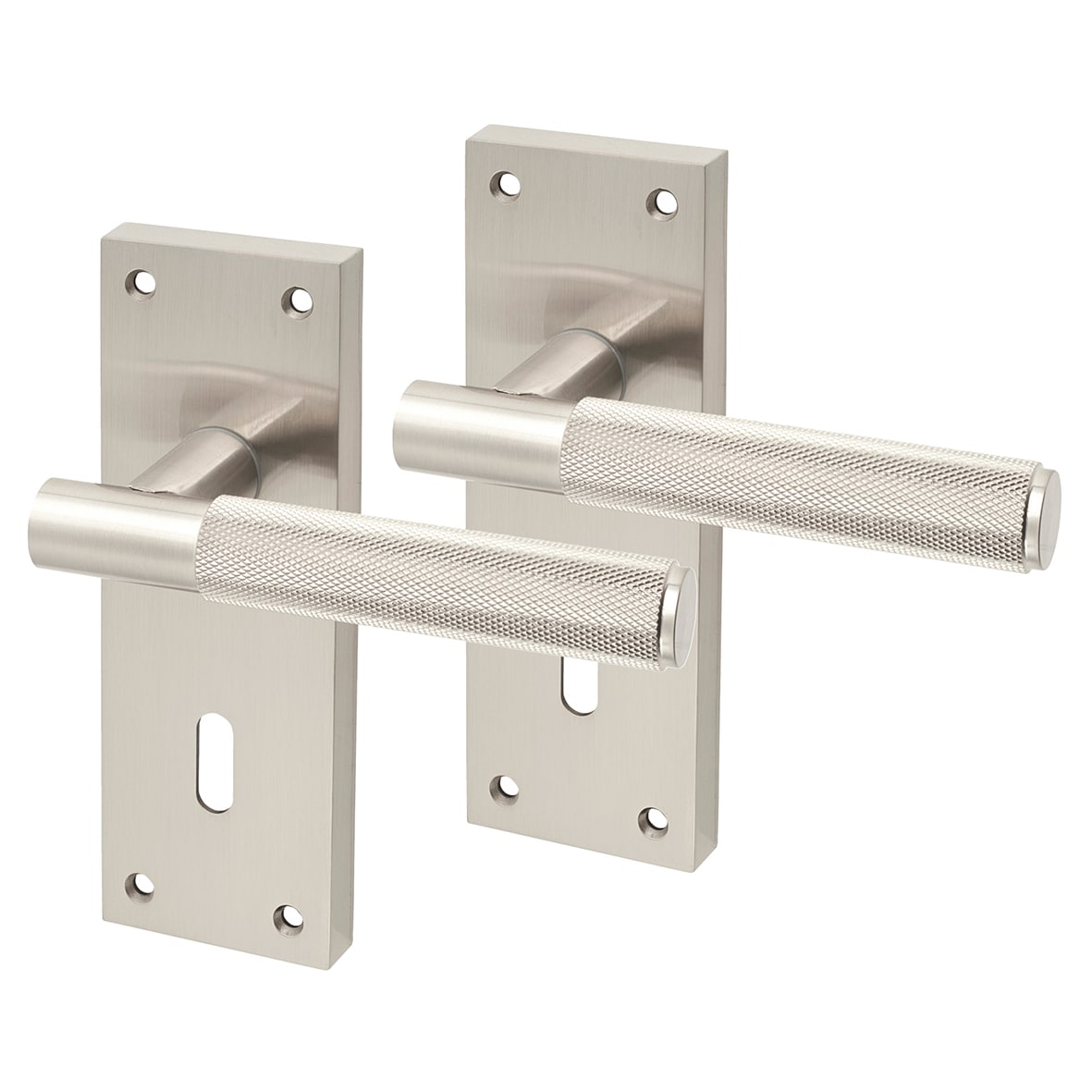 Satin Nickel Knurled Keyhole Lock Door Handles - Remi Range - 155 x 55mm