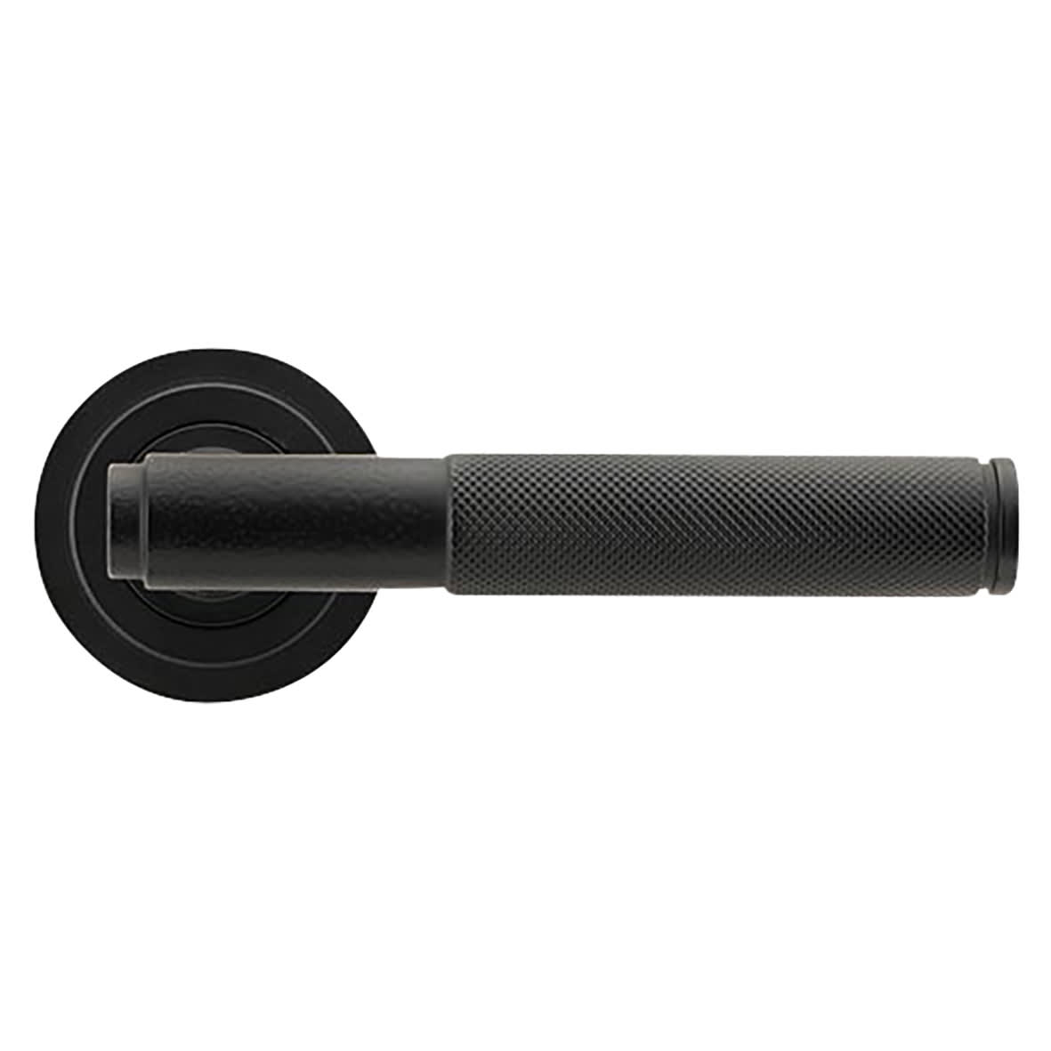 Matt Black Knurled Door Handles on Round Art Deco Rose - Brompton Range