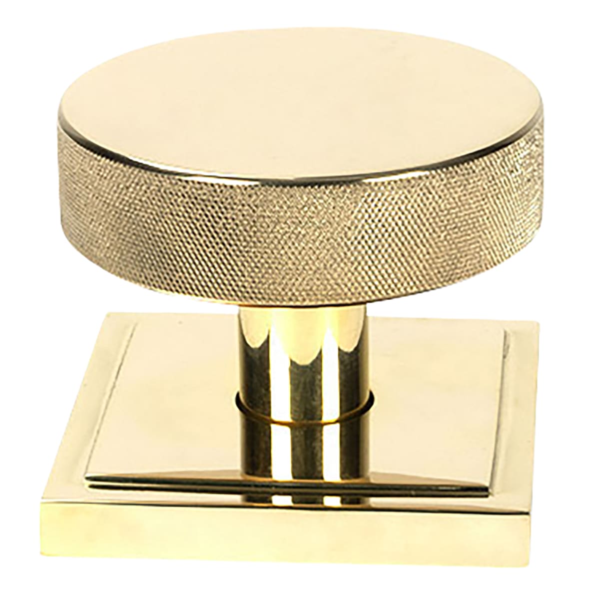 Brompton Polished Brass Round Knurled Centre Door Knob on Square Rose - 90 x 90mm Rose