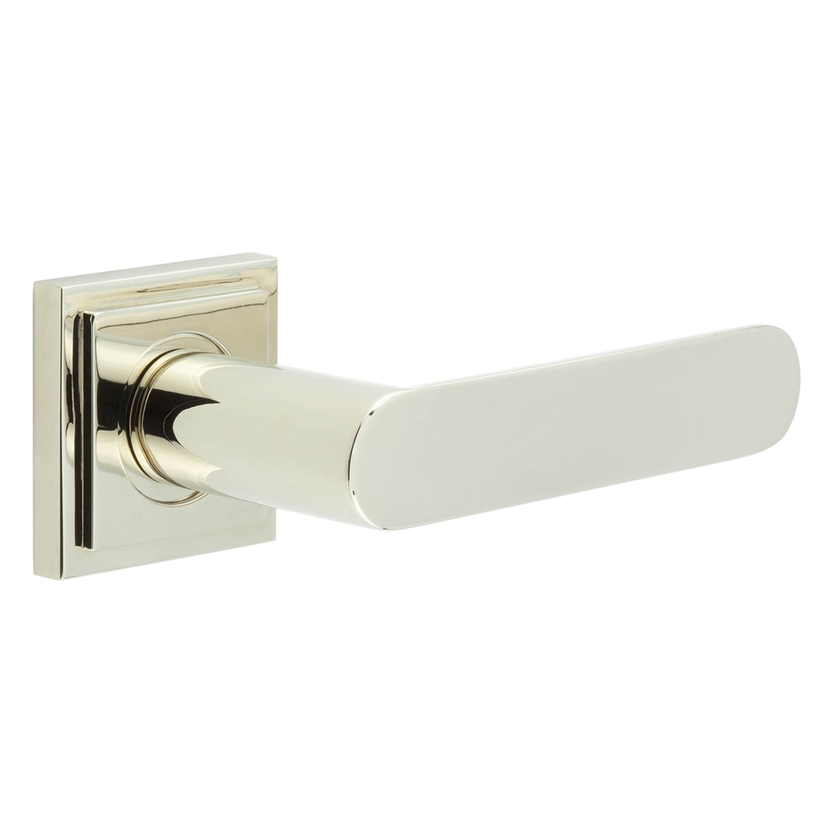 Polished Nickel Fire Rated Door Handles on Square Stepped Rose - Kensington Range