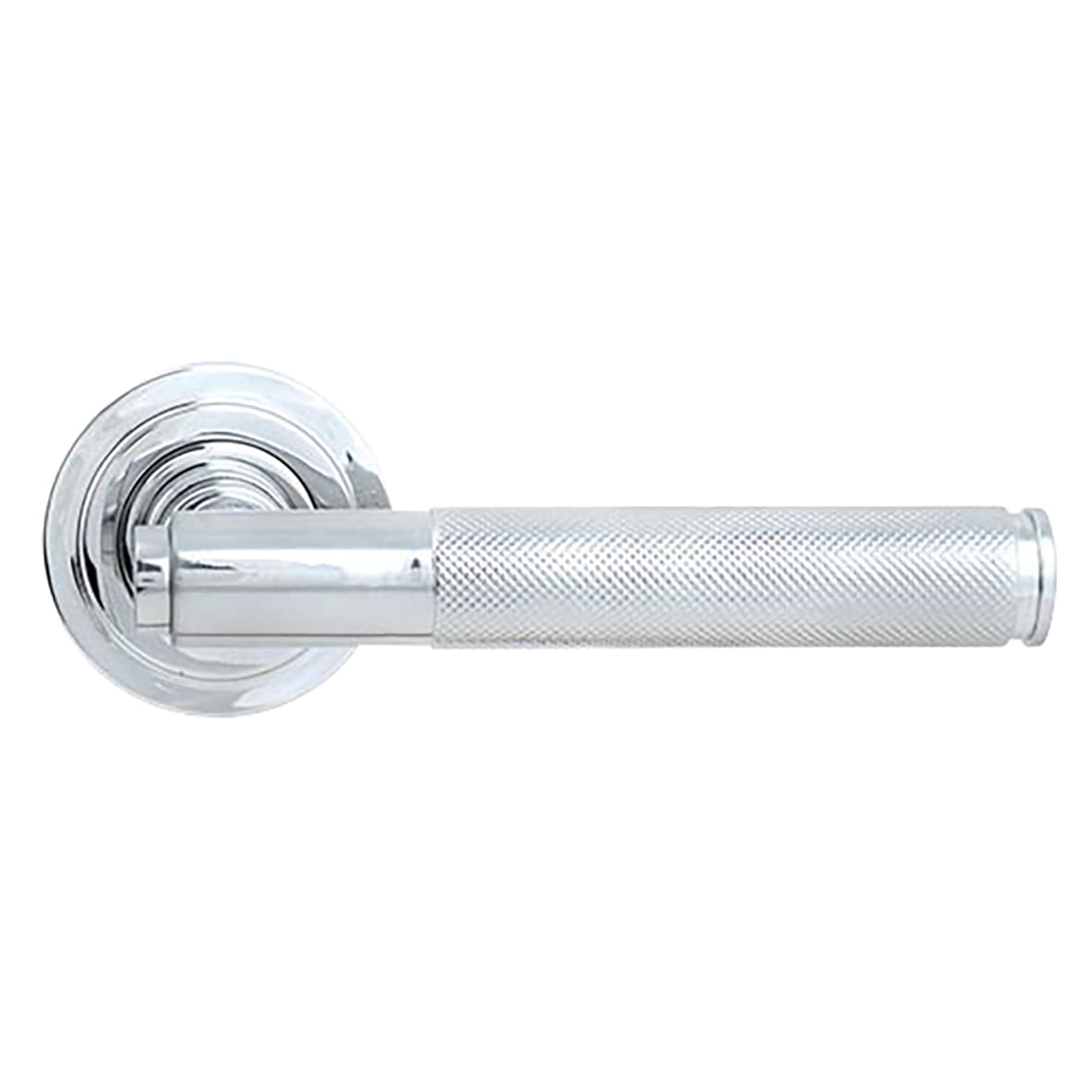 Polished Chrome Knurled Door Handles on Round Art Deco Rose - Brompton Range