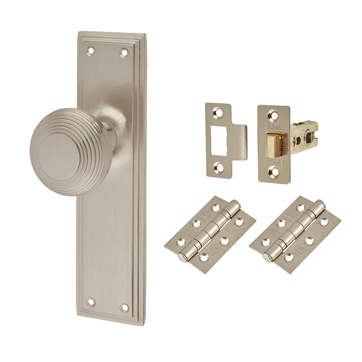 Satin Nickel Reeded Mortice Door Knobs on Backplate Pack - Miller Range - 205 x 52mm