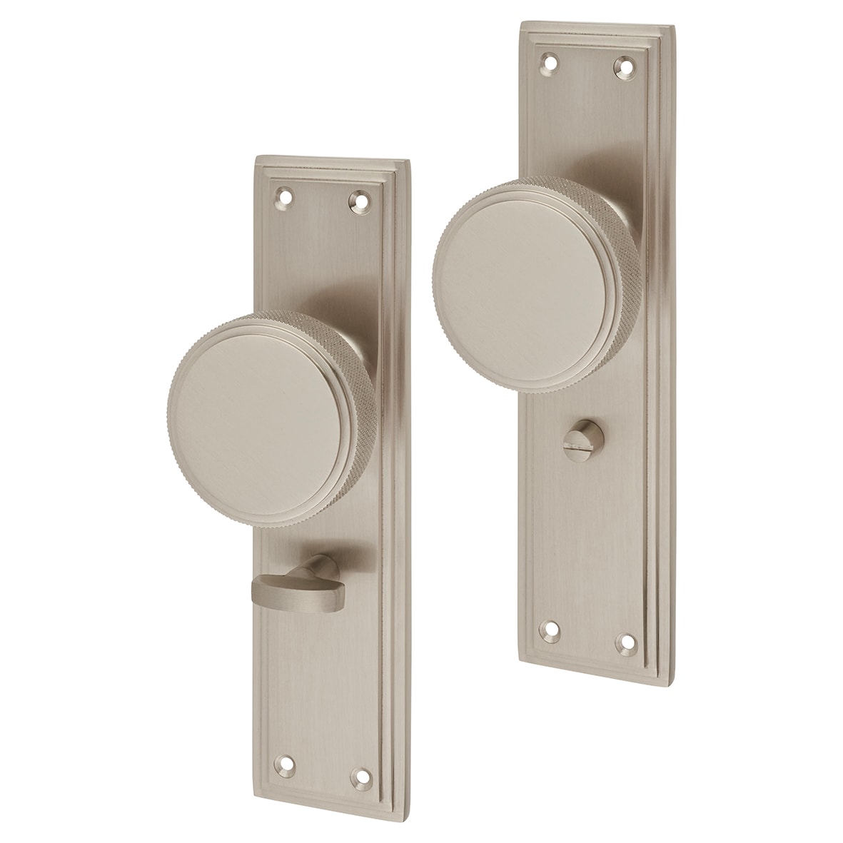 Satin Nickel Knurled Bathroom Mortice Door Knob on Backplate - 205 x 52mm - Miller Range
