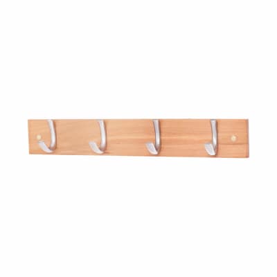 Coat Hook / Robe Hook Rail - 450 x 70 x 15mm - 4 Hooks - Wooden Board with Satin Chrome Hooks