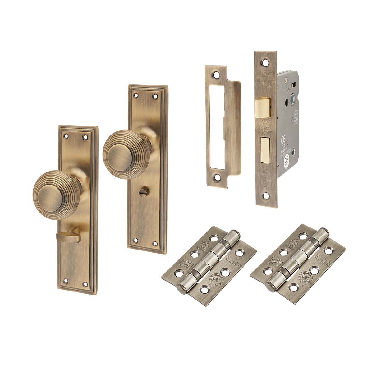 Antique Brass Reeded Bathroom Mortice Door Knobs on Backplate Pack - Miller Range - 205 x 52mm