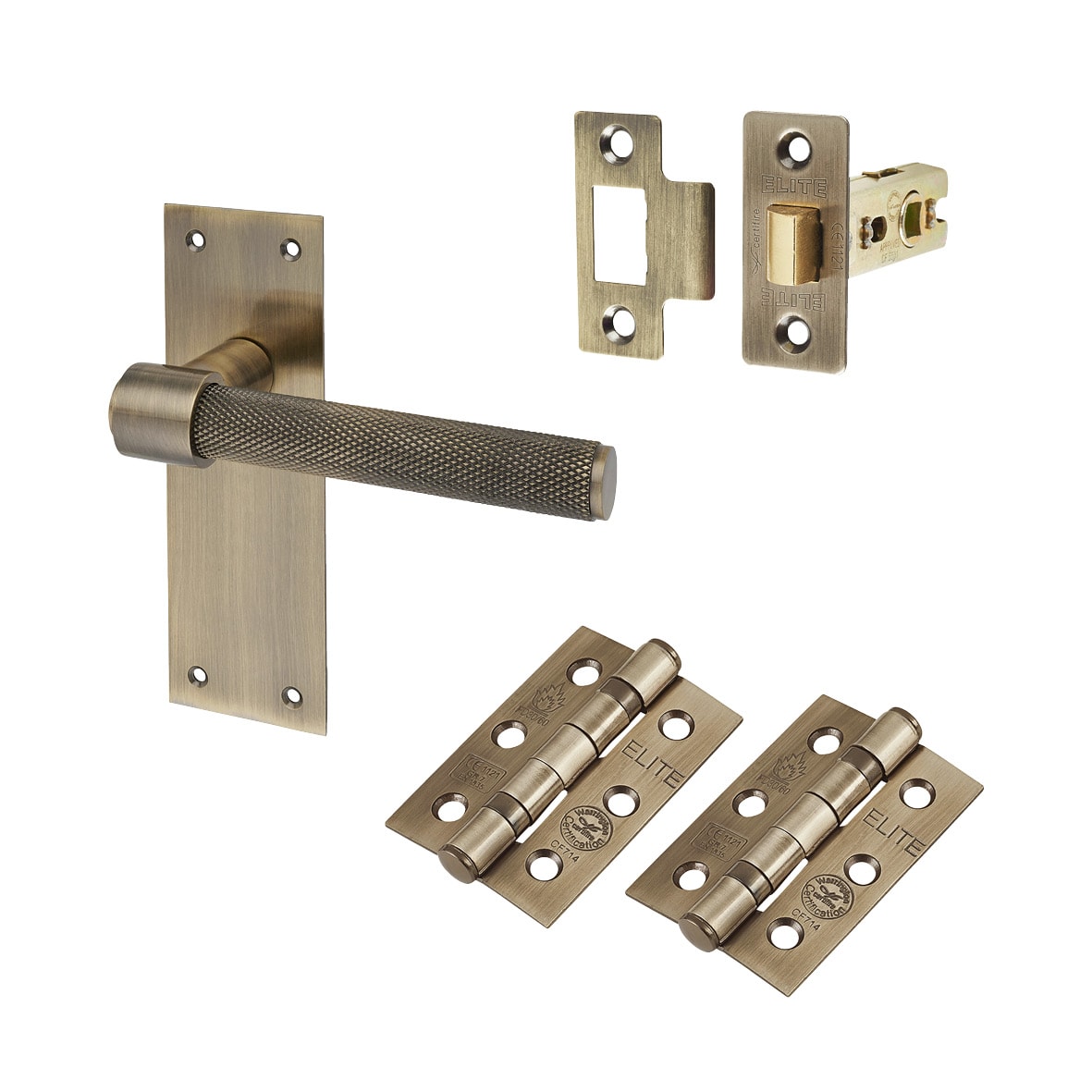 Antique Brass Knurled Latch Door Handles Pack - Loxley Range