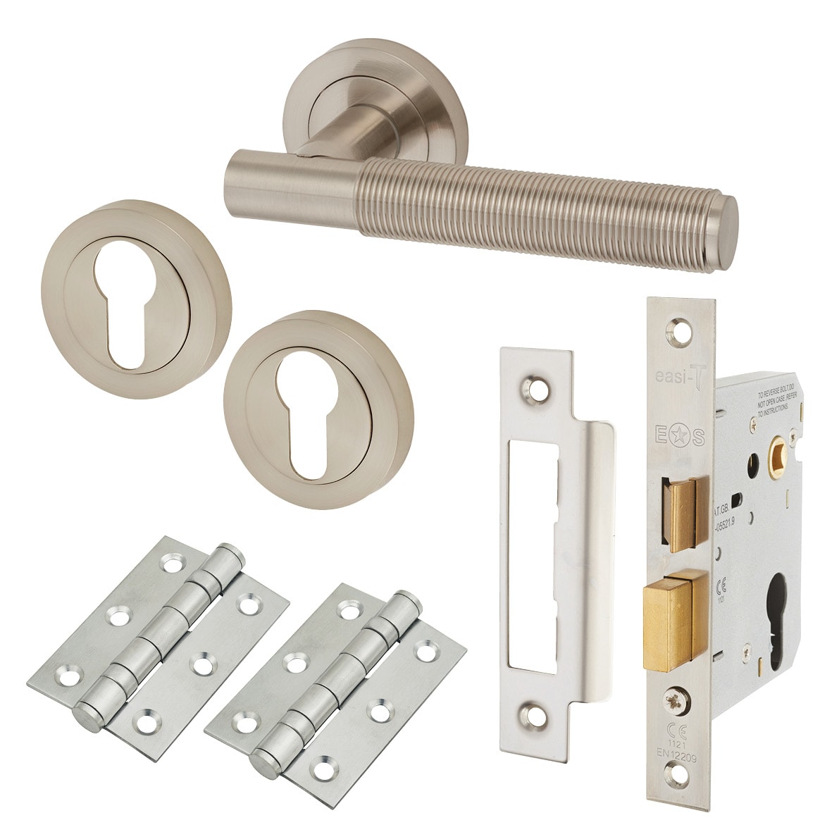 Satin Nickel Reeded Euro Lock Door Handles on Rose Pack - Lily Range