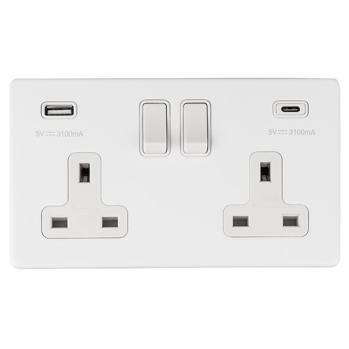 Concealed 13A 2 Gang Screwless Type A/C USB Socket with 2 x USB - 3.1A - Matt White/White