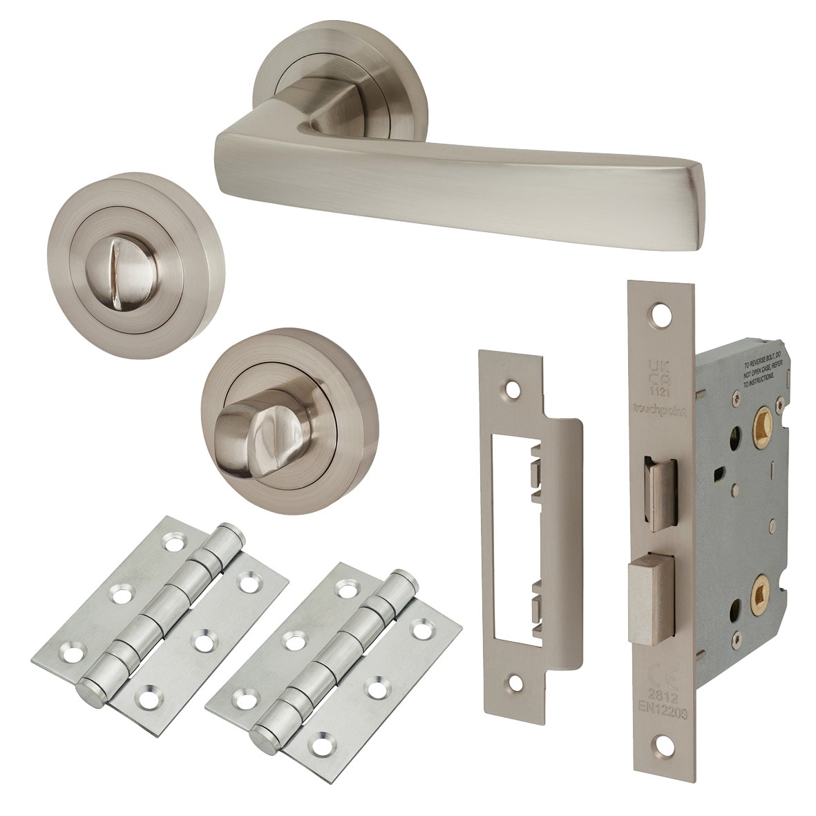 Satin Nickel Bathroom Lock Door Handles on Rose Pack - Ivy Range