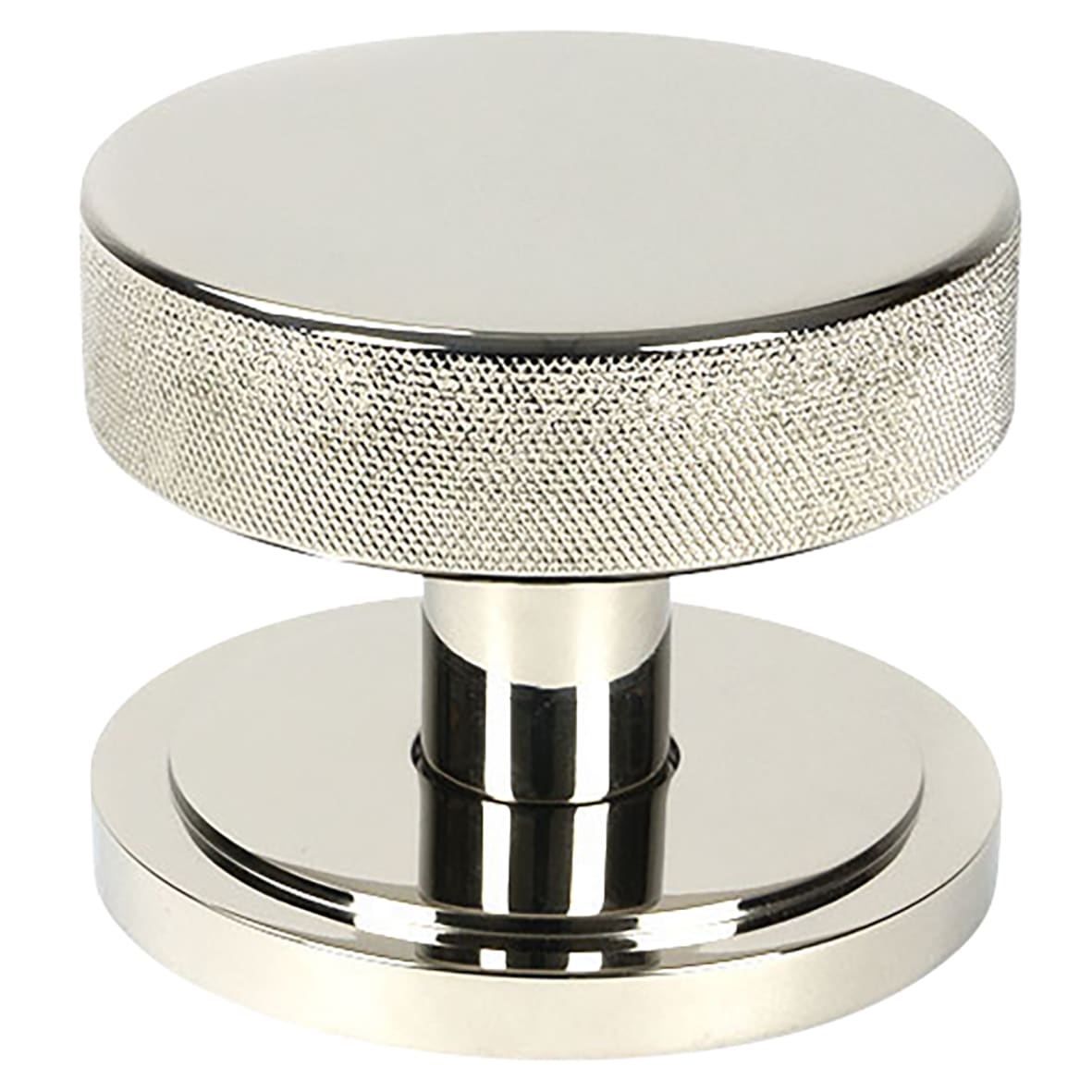 Brompton Polished Chrome Round Knurled Centre Door Knob on Art Deco Rose - 90mm Rose Diameter