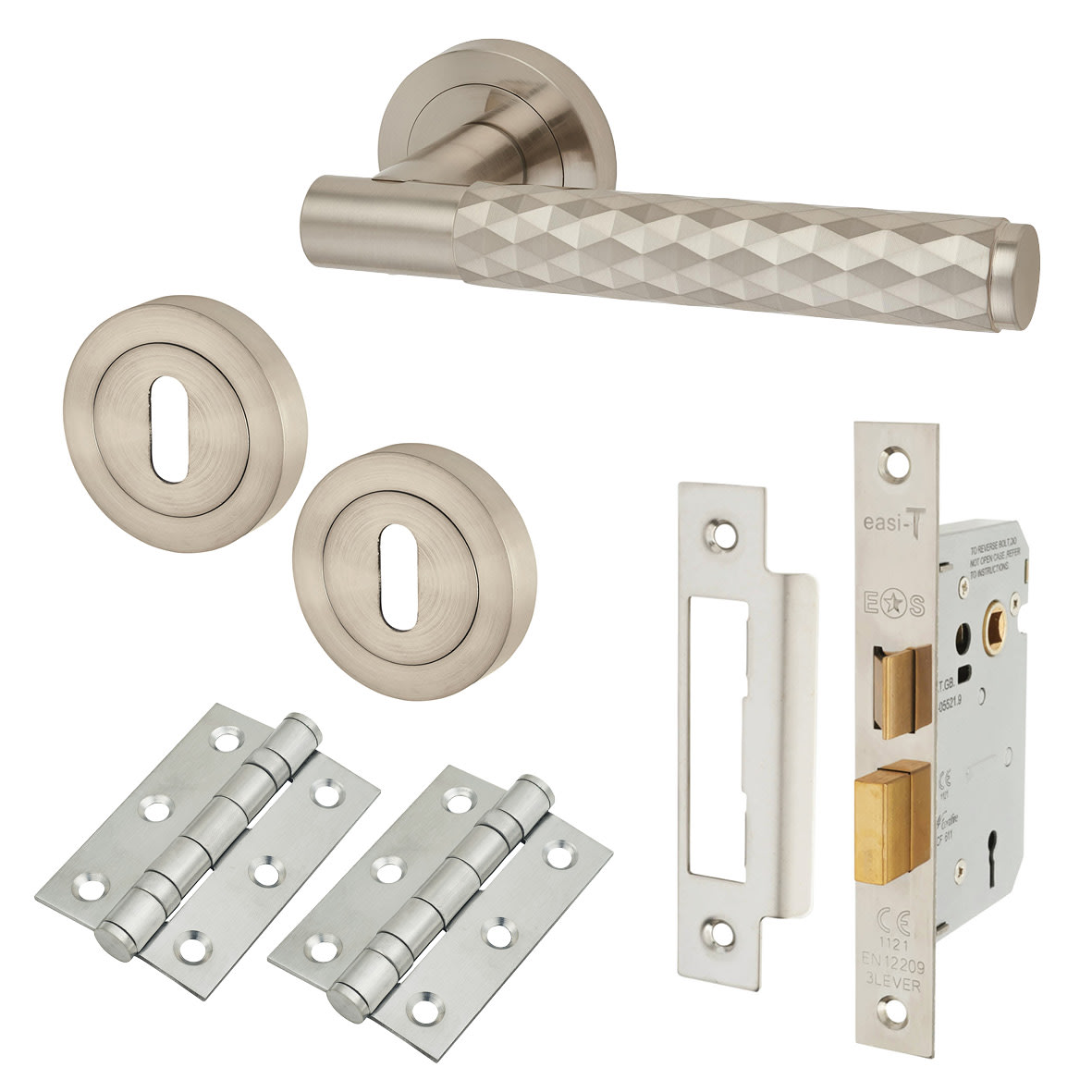 Satin Nickel Diamond 3 Lever Sashlock Door Handles on Rose Pack - Luna Range