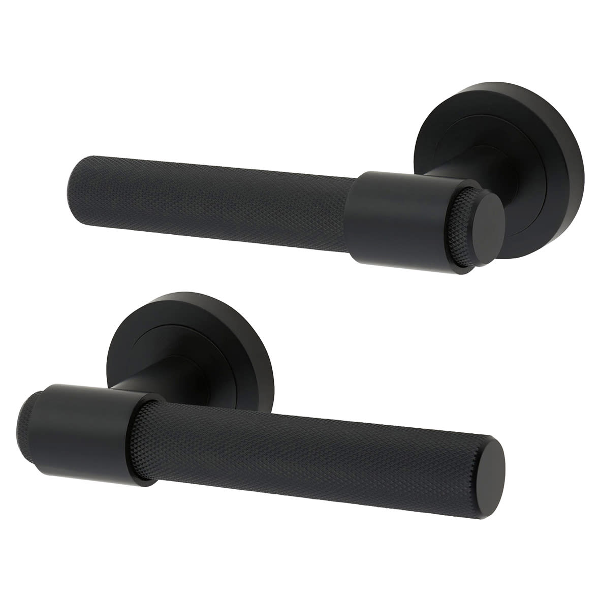 Matt Black Knurled Door Handles on Round Rose - Esme Range